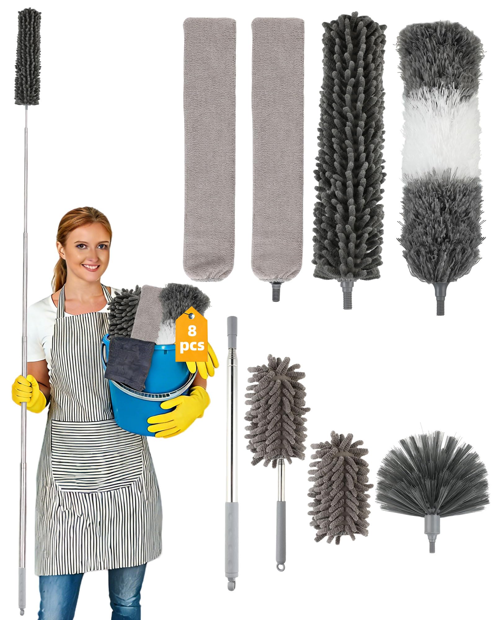 8 Pieces Washable Extendable Telescopic Duster, Dust Catcher, Extendable Duster, Washable Telescopic Duster and Broom for Cobwebs for Roofs, Cracks and Furniture