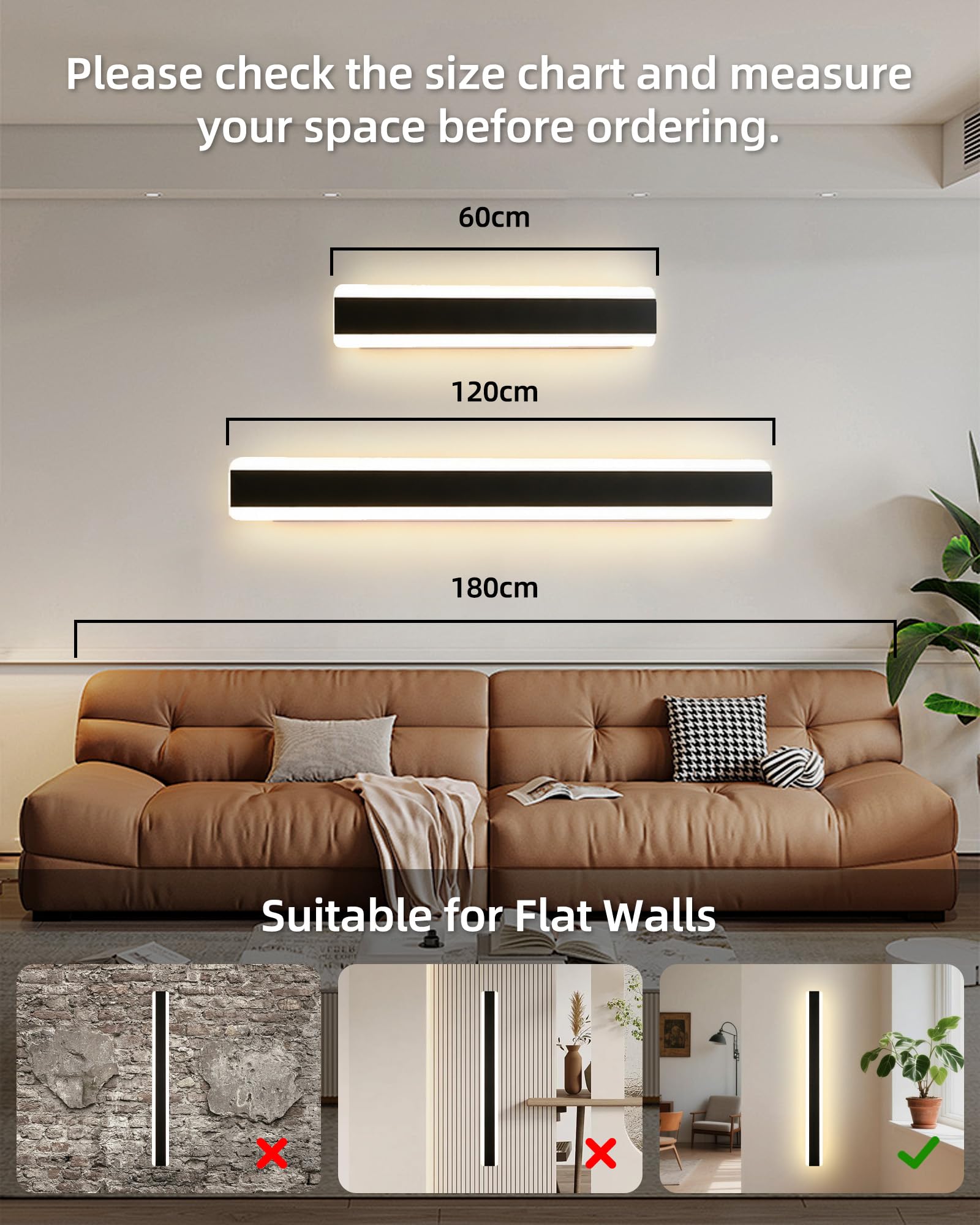 Applique da parete a LED Interno Moderni con Telecomando,120CM Luci | Dimmerabile 10%-100%,3000K-4500K-6000K,Lampada da Parete Lungo Mordern per Camera da Letto, Soggiorno,Scala,120CM/35W/Nero