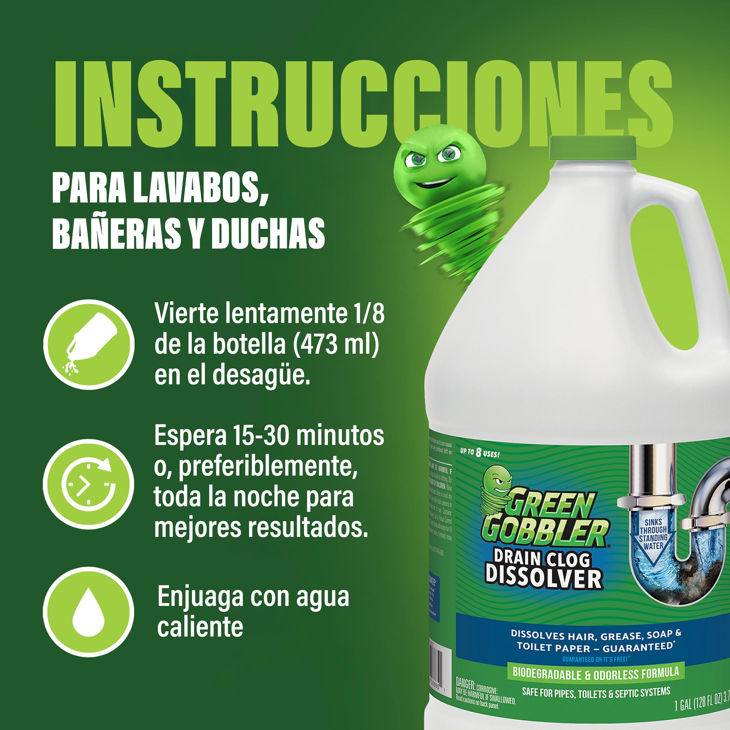Green Gobbler - Desatascador de Tuberías - Disuelve Pelo y Materiales Orgánicos en Inodoros, Lavabos y Desagües - 3.8 L
