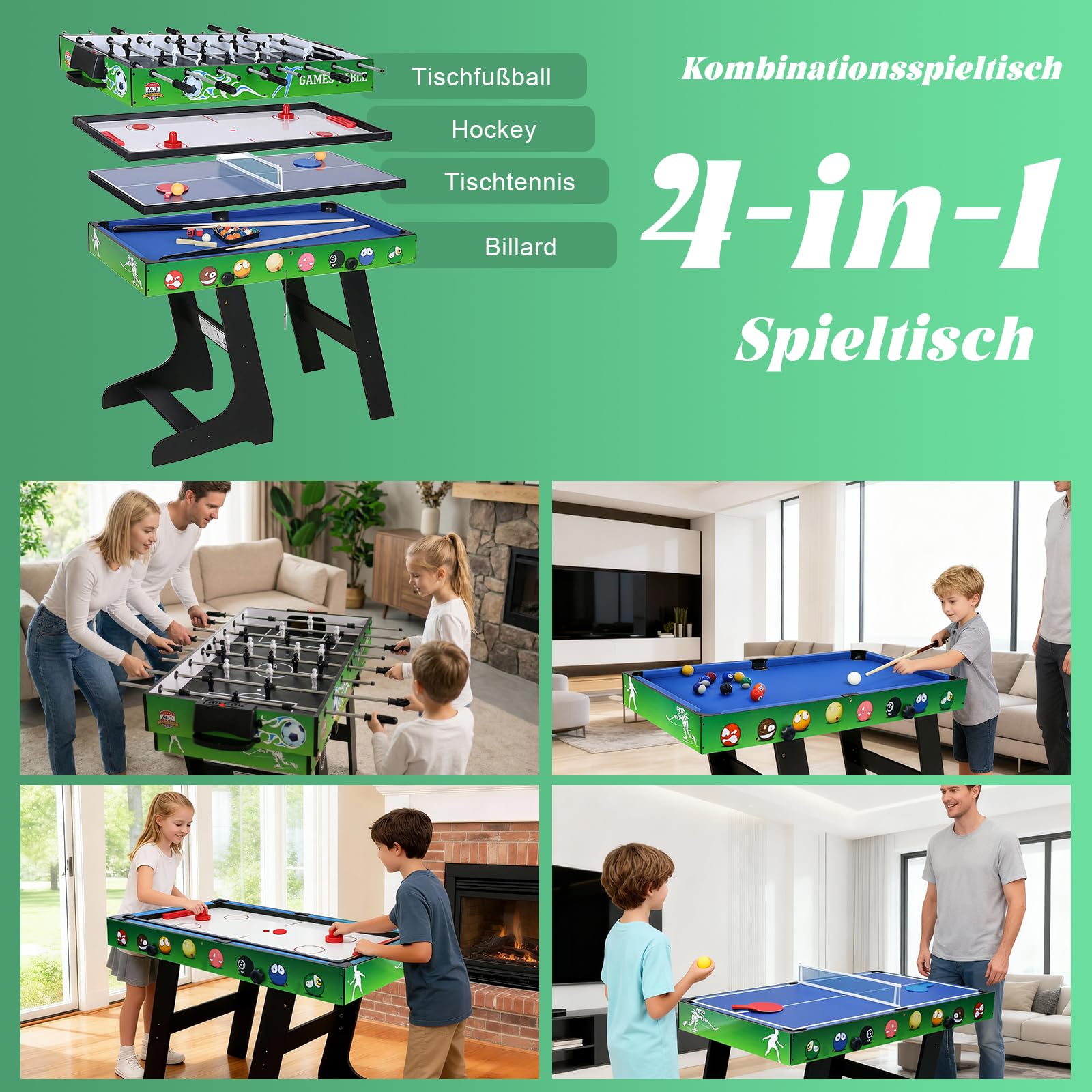 4 in 1 121cm Billard Tischfußball Air Hockey Tischtennis mit Zubehör | Multifunktionale Spieltische, Zusammenklappbarer Tisch, Plattenwechsel, robustes Holz, platzsparend, ideale Familie
