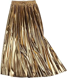 Women's Gold Pleated Maxi Skirt Accordion Elastic Waist Aline Swing Meta...