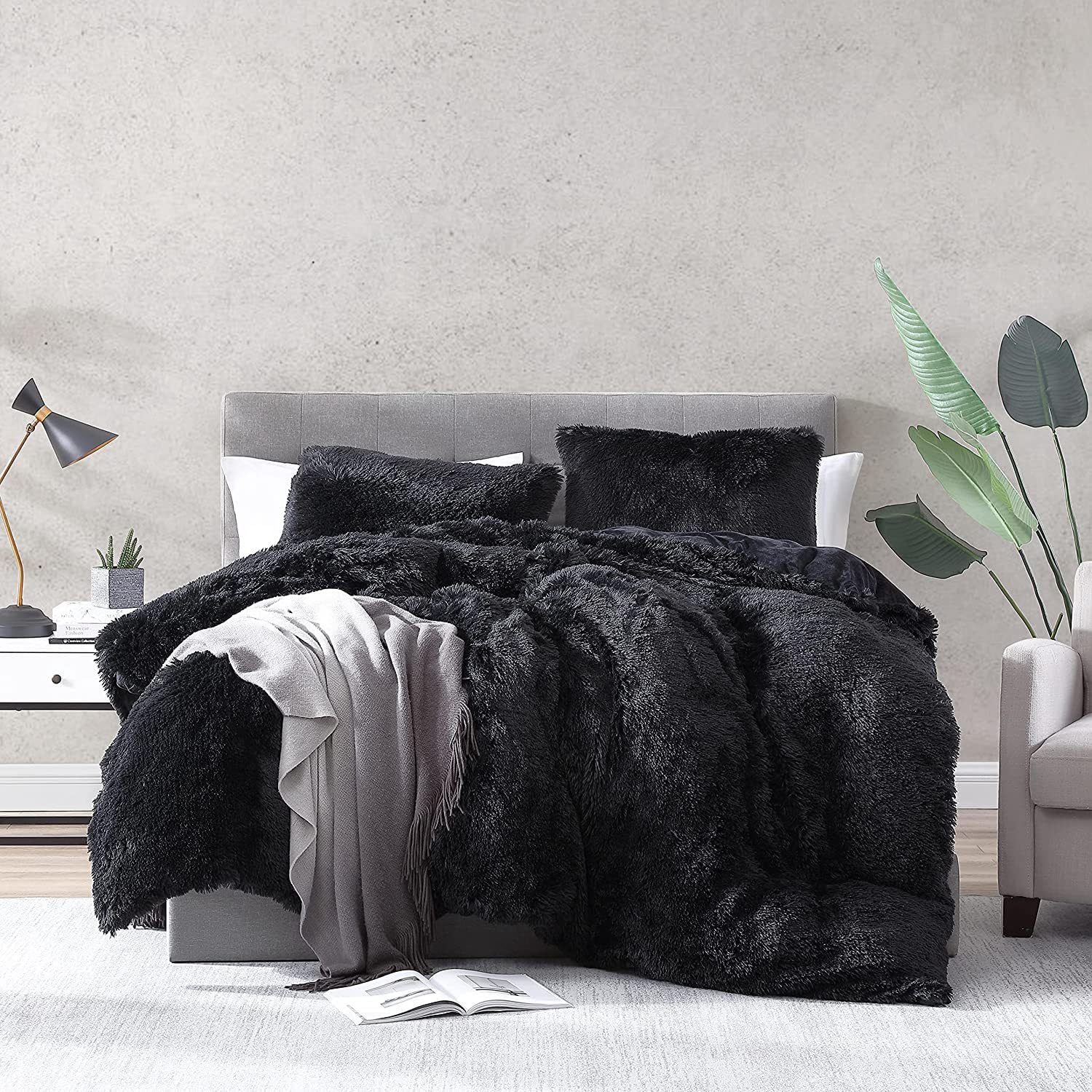Lanqinglv - Funda de edredón de 220 x 240 cm, Color Negro Franela cálido y Mullido, Juego de Cama de 2 Personas, con Cierre y 2 Fundas de Almohada de 65 x 65 cm