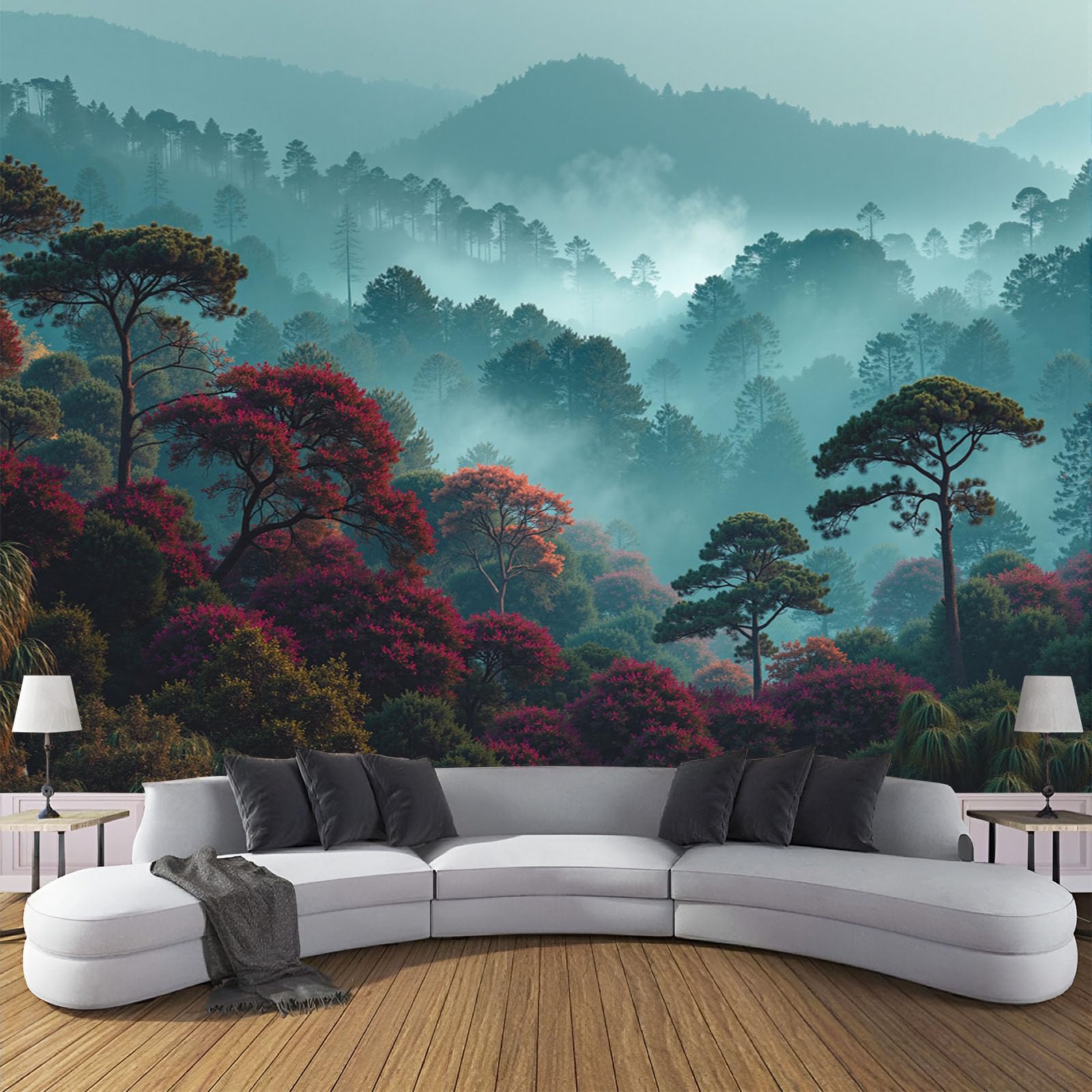 Papier peint panoramique pour agrandir un salon sombre