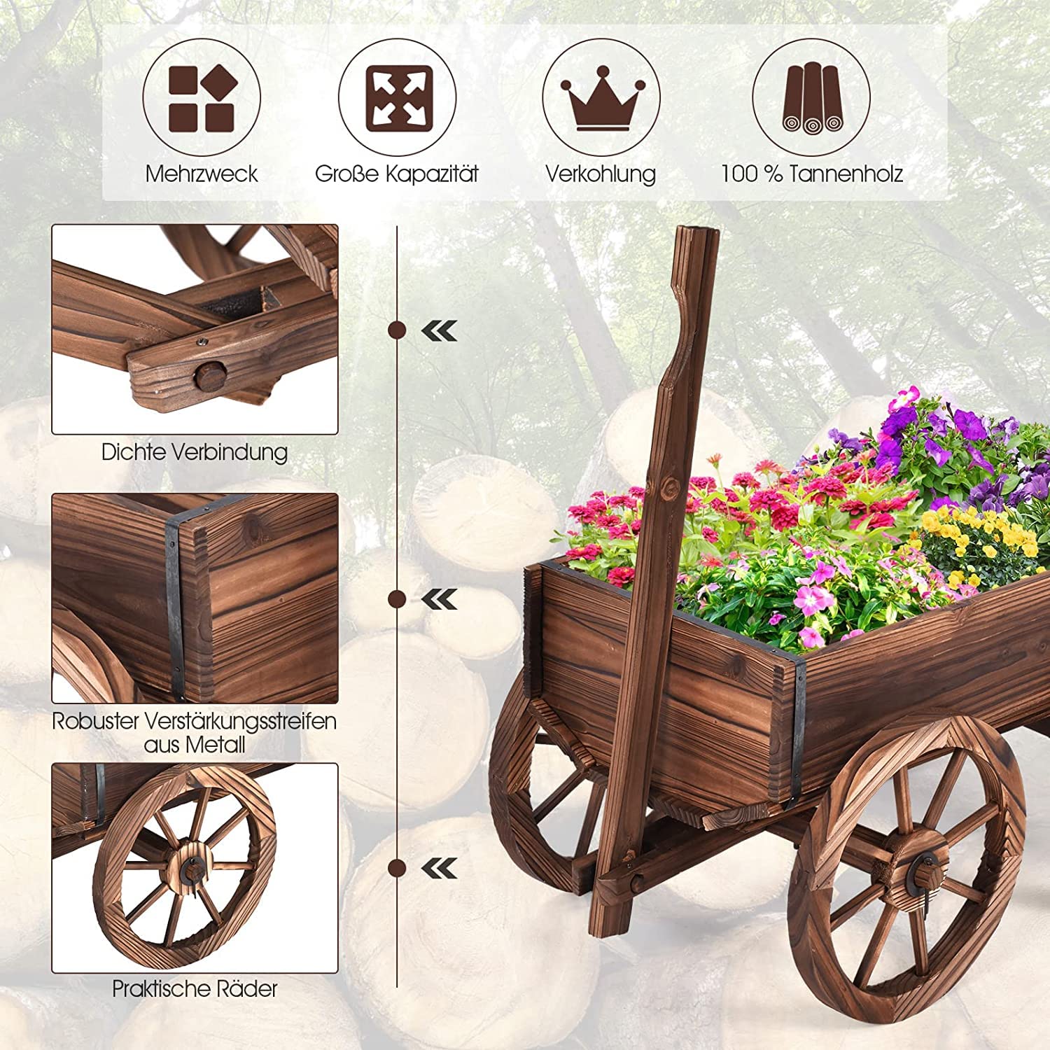 RELAX4LIFE Blumenwagen Holz, Pflanzwagen mit 4 Rädern, Verstellbarem Griff, Ablauflöchern, Bollerwagen Outdoor wetterfest, Pflanzkarre Pflanztopf für Garten Balkon Terrasse, 120 x 43 x 53,5 cm, Braun