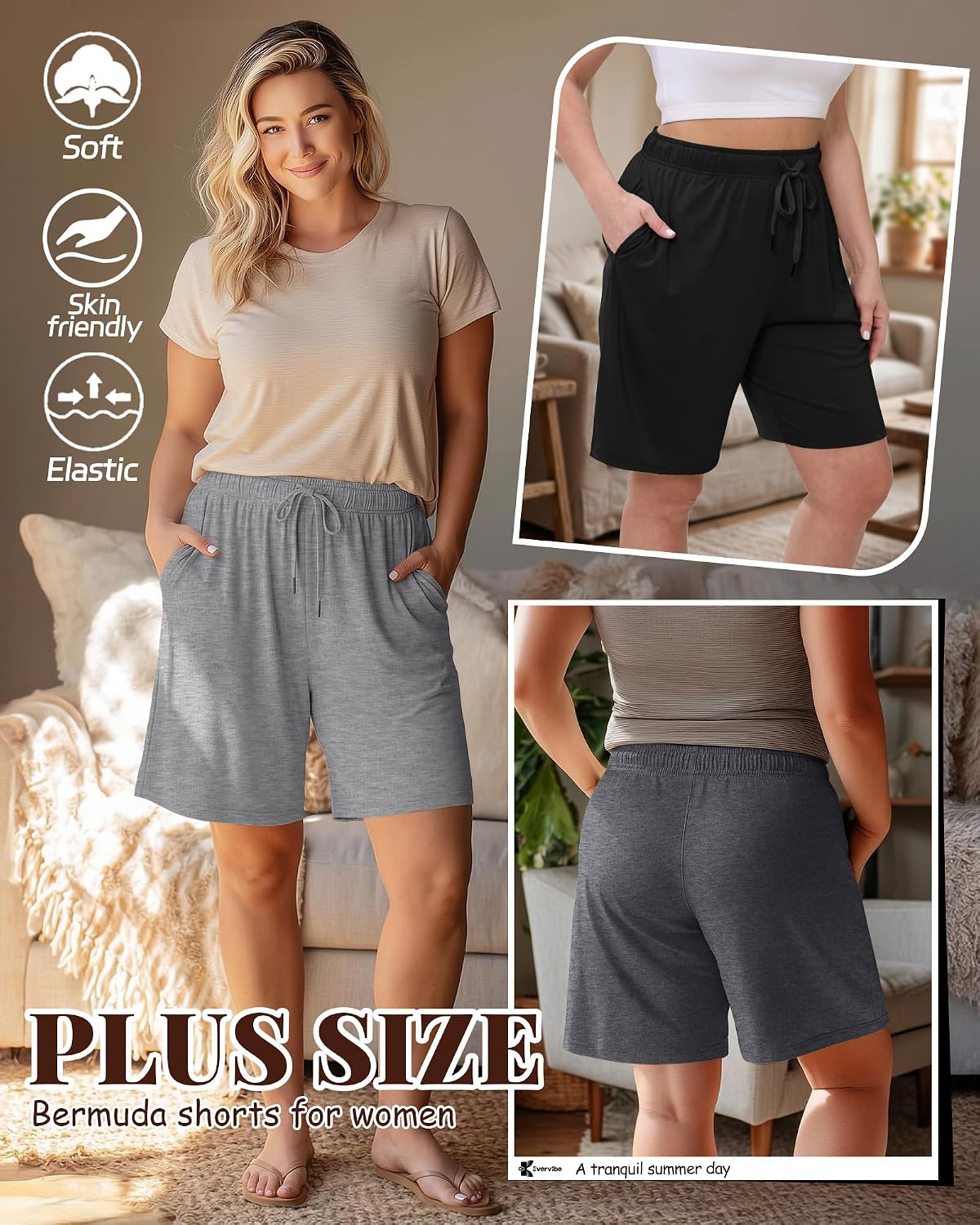 Evervibe 3 Pack Plus Size Bermuda Shorts for Women Comfy Loose Casual Drawstring Sweat Pants with Pockets XL-5XL
