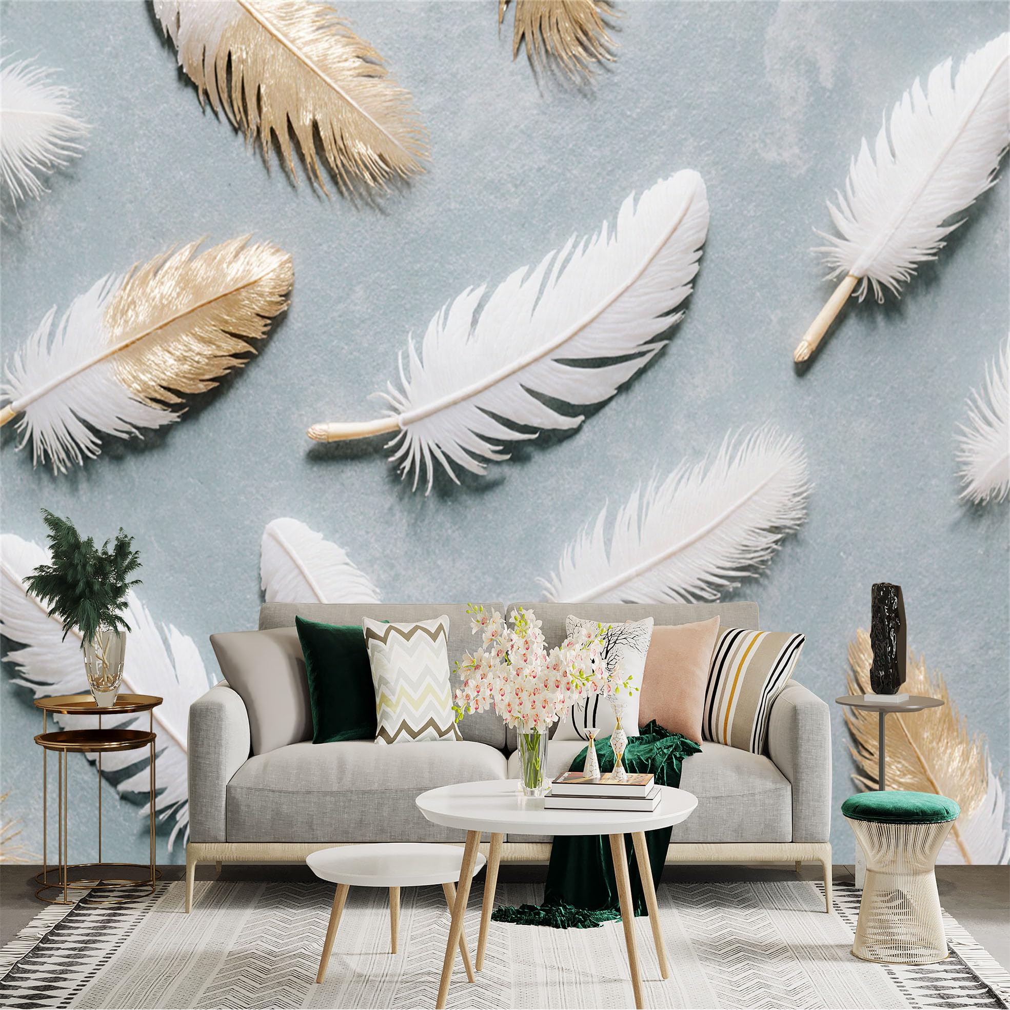 Custom Size Wall Sticker Mural， Elegant White and Gold Feathers， Soft Texture Pattern， Minimalist Modern Art， for wall Decoration， peelandstick wall Decals.