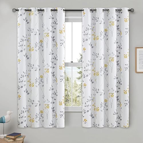 Beauoop - Cortinas florales 100% opacas, 2 paneles, con patrón de flores de color amarillo, gris y blanco, para dormitorio, de oscurecimiento,