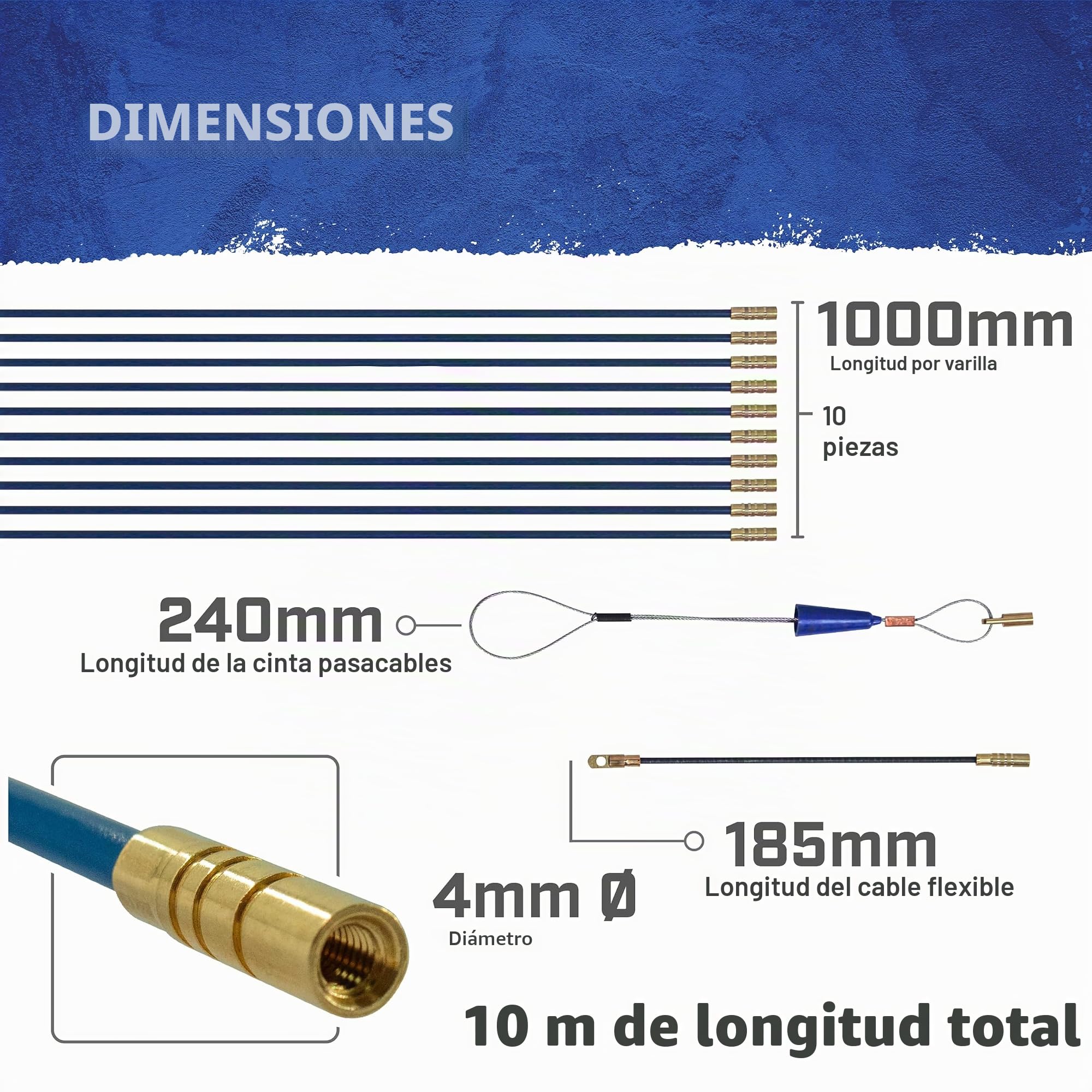 Kit de tire-câbles Faithfull – 10 mètres, 4 mm de diamètre – Kit de 15 pièces comprenant 10 tiges en fibre de verre de 1000 mm, un tire-câble de traction et un tube de rangement