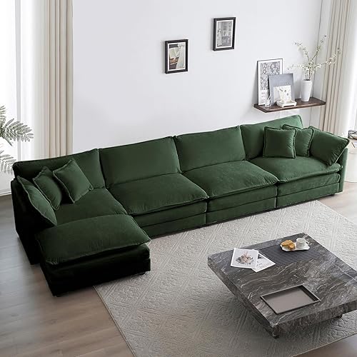 KIVENJAJA Sofá modular en forma de L de gran tamaño, sofá nube de felpilla de 4 plazas con otomanadiván y 6 almohadas para sala de estar,