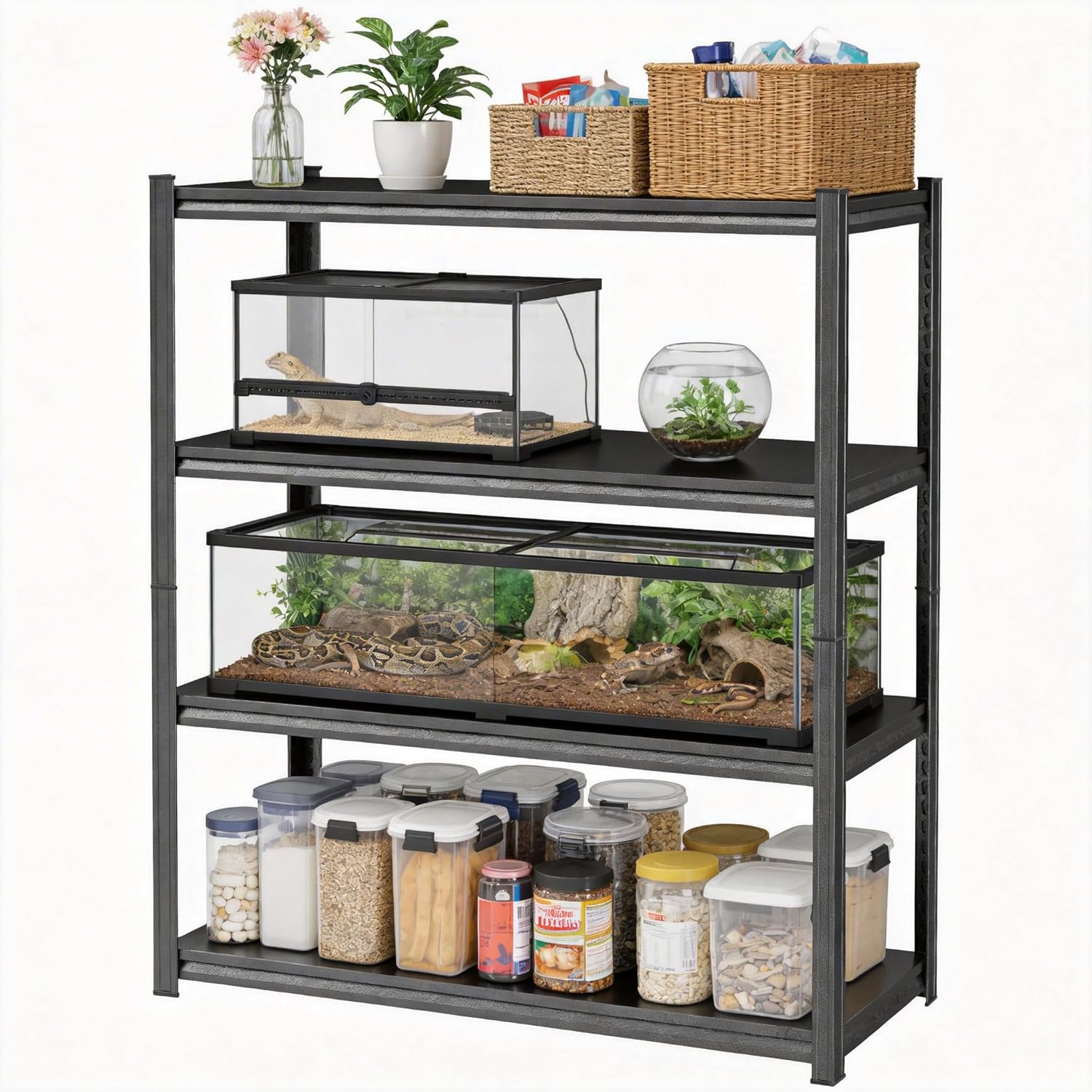 Metal Fish Tank Stand, 4-Tier Adjustable Aquarium Shelving, Black, 13.8 L x 11.8 W x 44.1 H, Powder Coated, Rectangular, 2000 lbs Capacity