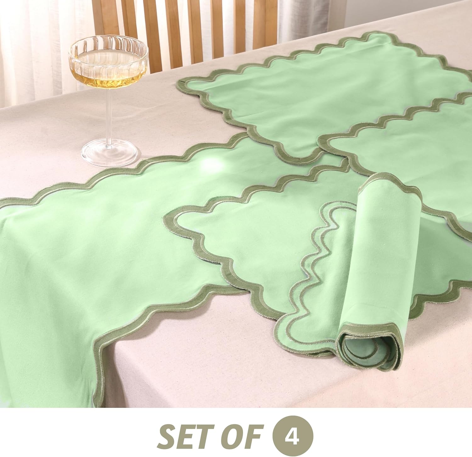 Folkulture Placemats Set of 4 (13 x 19) |100% Cotton, Green Cute Placemats for Dining Table Decor, Party Decorations | Scalloped Place Mats or Heat Resistant Table Mats