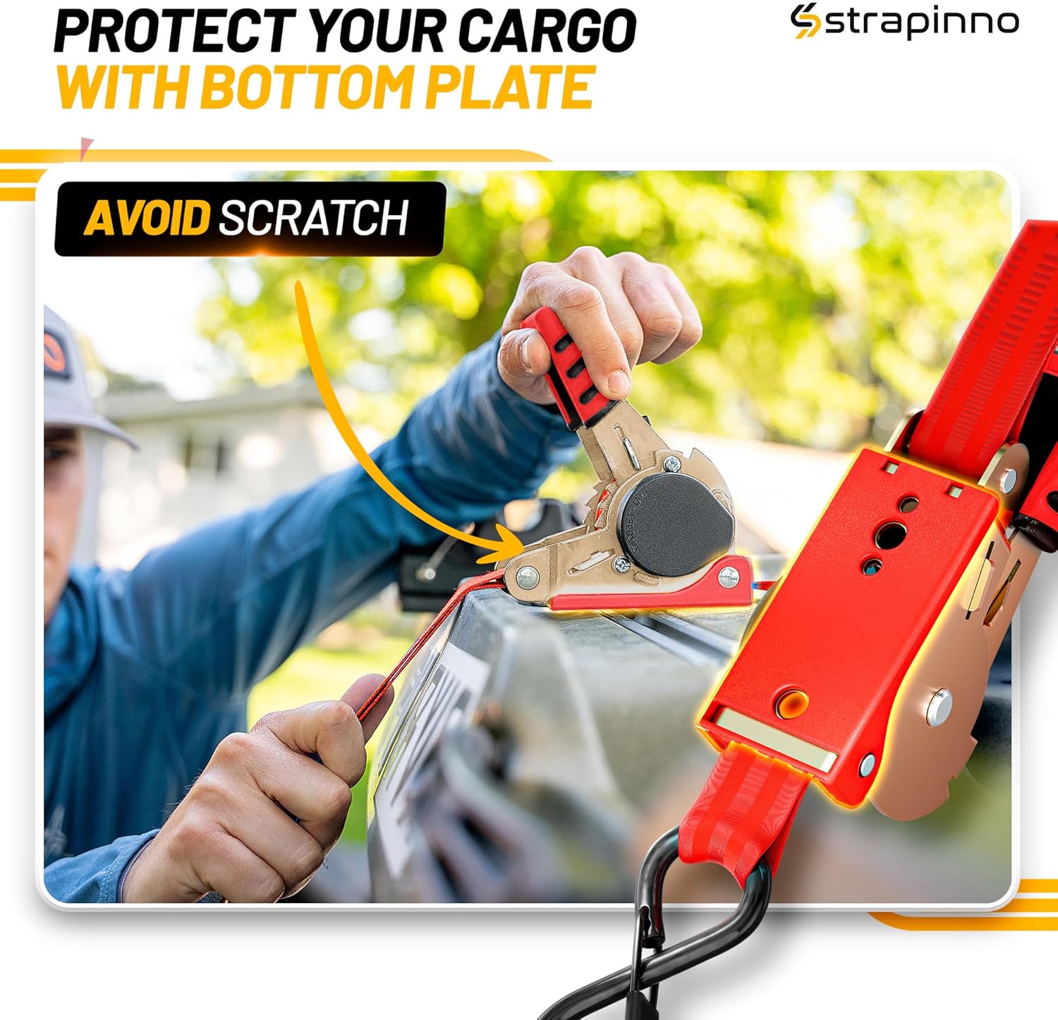 Strapinno Retractable Ratchet Straps 1 in x 10 ft, Secure Tie-Downs with Rubber-Coated Steel Handles, for Motorcycle, Jetski, Kayak, Breaking Strength 1,500LBS/680KG (Red Strap, Yellow Zinc Coated)