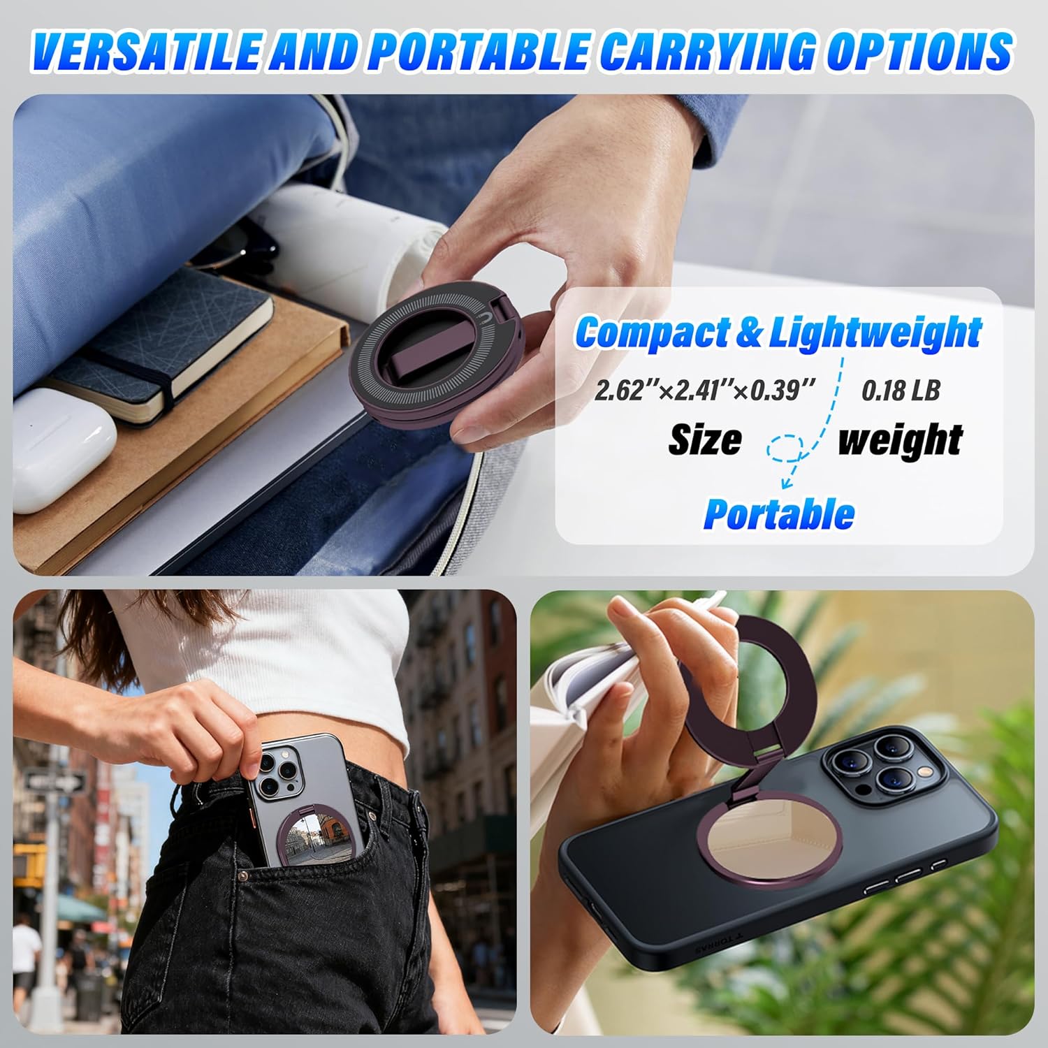 Phone Stand for Magsafe with Mirror [2-sided 4200gf Strongest Magnetic] 300° Folding Portable Phone Ring Holder Grip for Desk, Phone Holders for Your Car Accessories for iphone/Android/Tablets