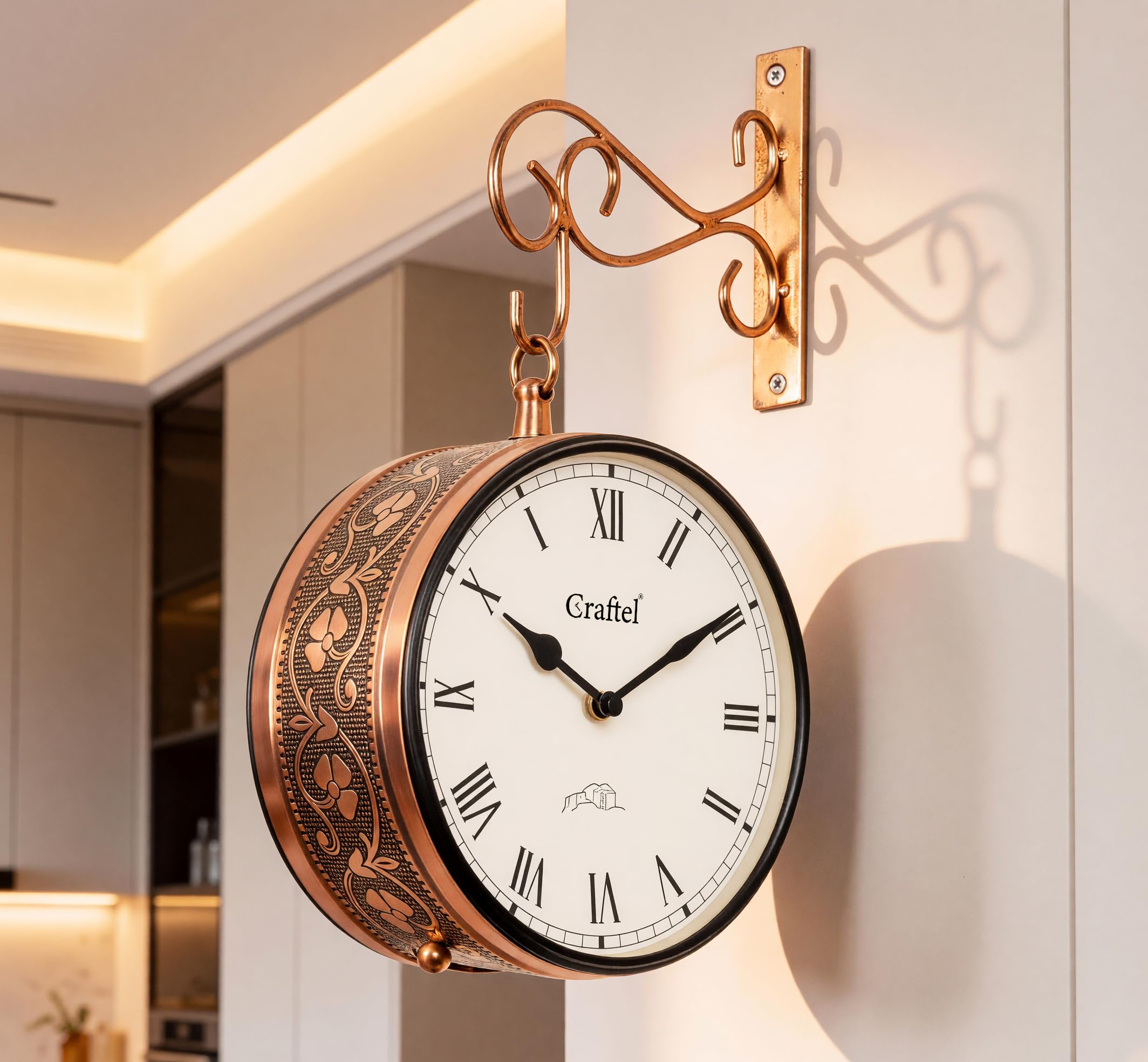 CRAFTEL Double Sided Station Ethnic Wall Clock Multi-Layer Electroplated | Both Side Roman Numerals | Aluminum Matte-Finish Dial Brass Body | Dial - 8 Inches, Rose Gold | 365 Days Mechanism Warranty