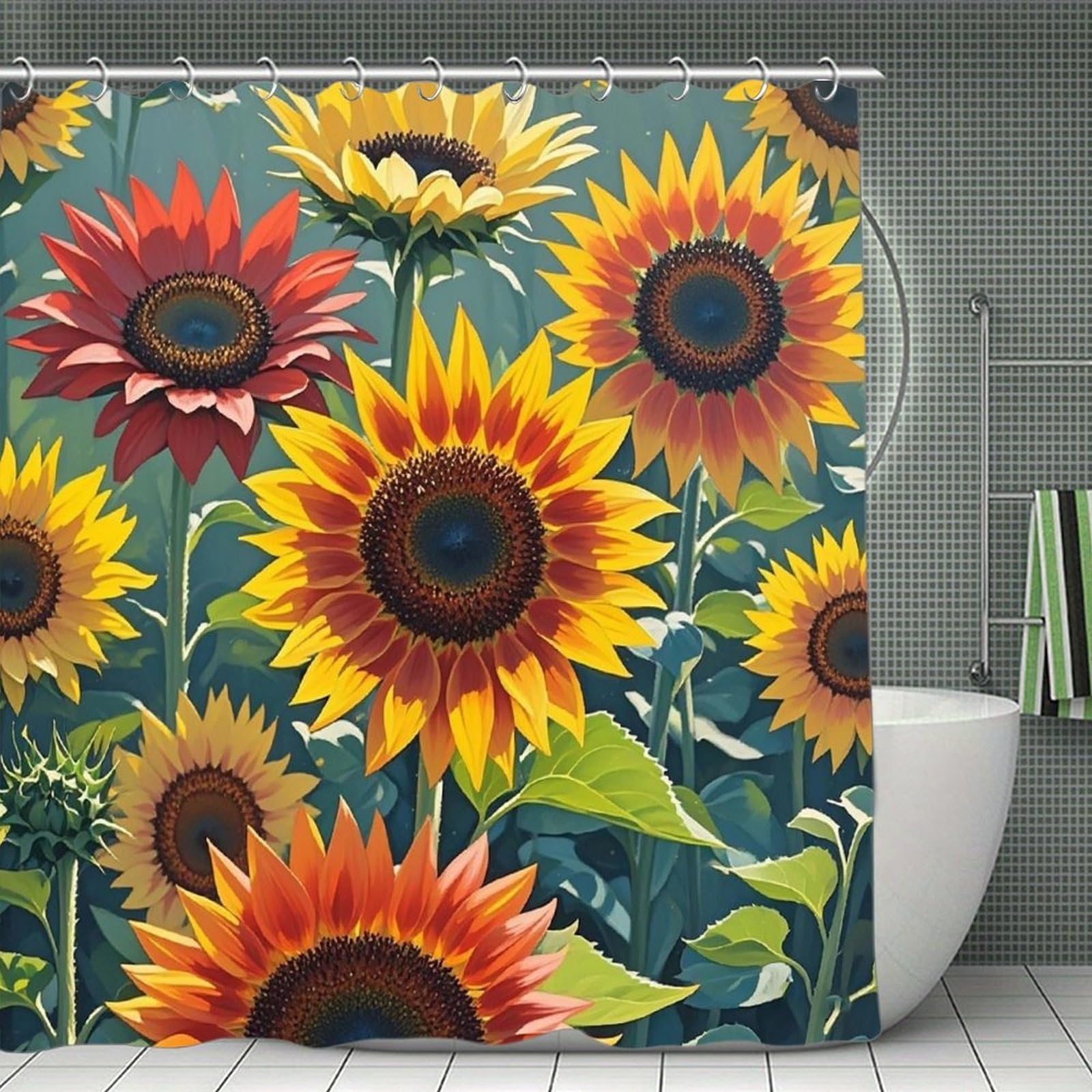 VstaDank Red and Yellow Sunflowers Shower Curtain Waterproof Bathroom Shower Curtain with C Type Hooks Soft Lightweight Shower Curtains Liner Washable Polyester Cloth Shower Liner 71x71 Inch