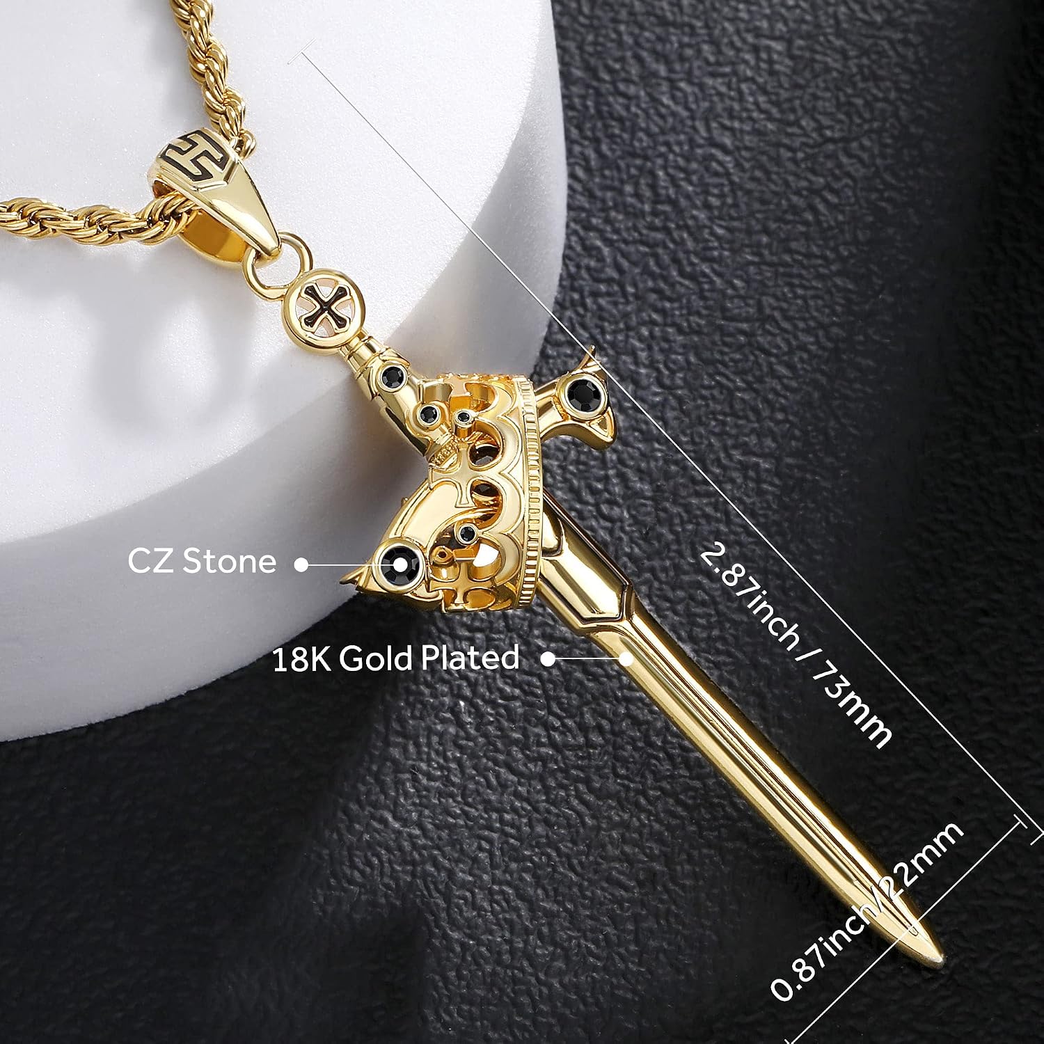 HELLOICE Sword Crown Cross Necklace 18K Gold Plated 5A CZ Stones Sword Pendant Necklace With 24" Chain for Men Women