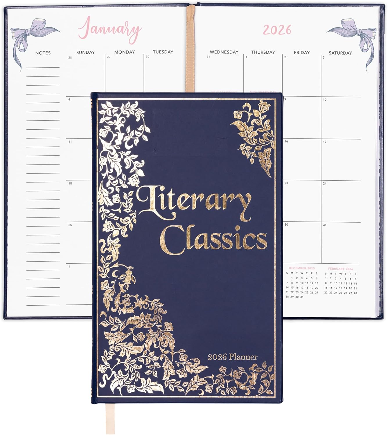 Steel Mill & Co 8.25" x 5" Monthly & Weekly 12-Month Planner Dated January 2026 - December 2026, Book Lover's Organizer with Vegan Leather Cover with Gold Foil, Quotes & Art from Classic Novels (Literary Classics)