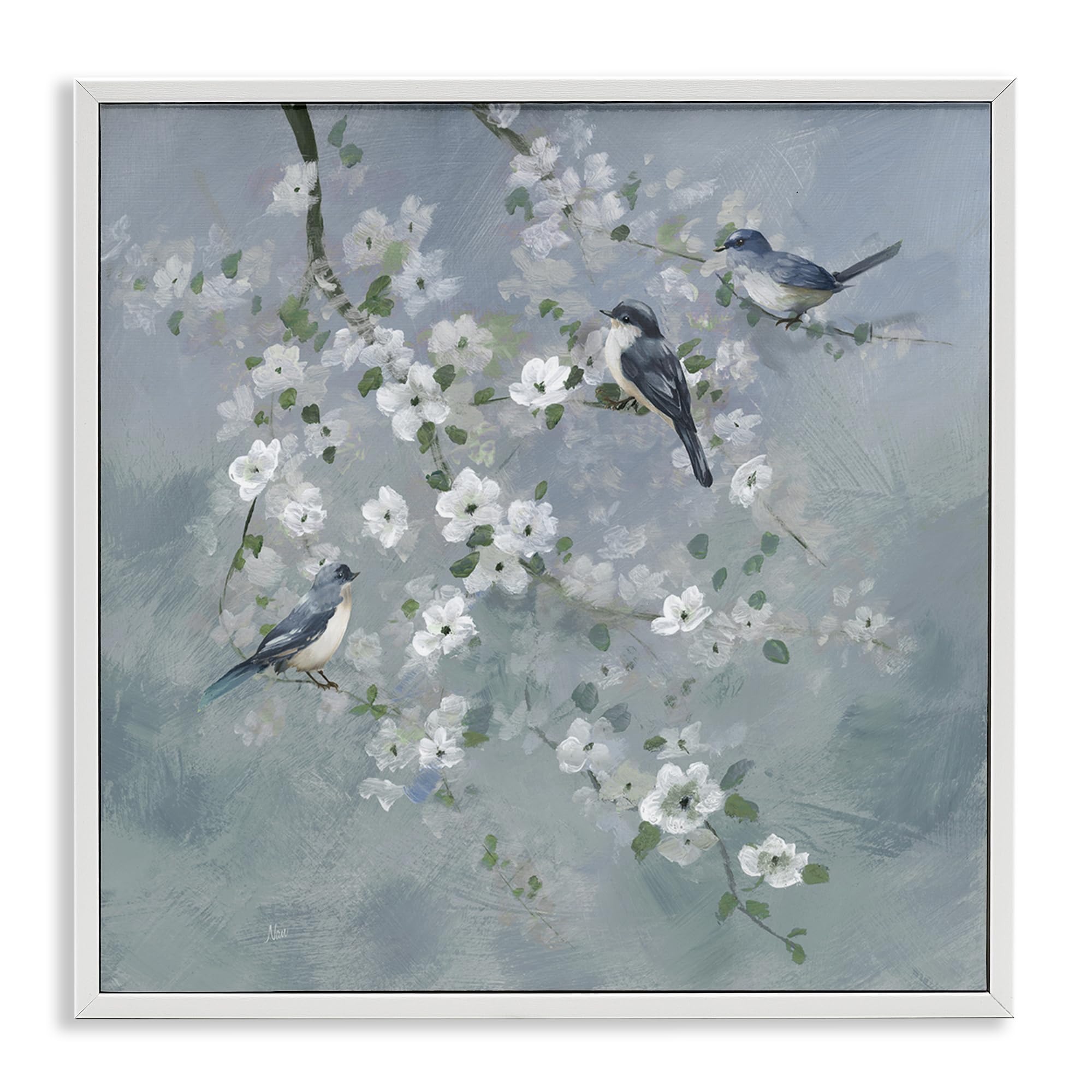 Stupell Industries Coastal White (Textured) Serene Birds And White Blooms, 24 X 24 Inch Framed Giclée Print