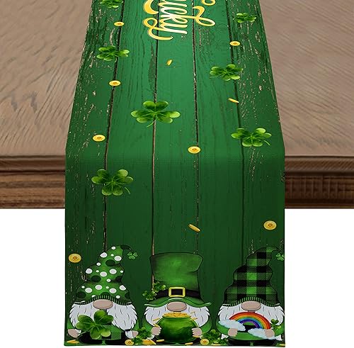 Flyart Camino de mesa del día de San Patricio decoraciones de gnomo verde primavera para cocina comedor café hogar bodas días festivos decoración