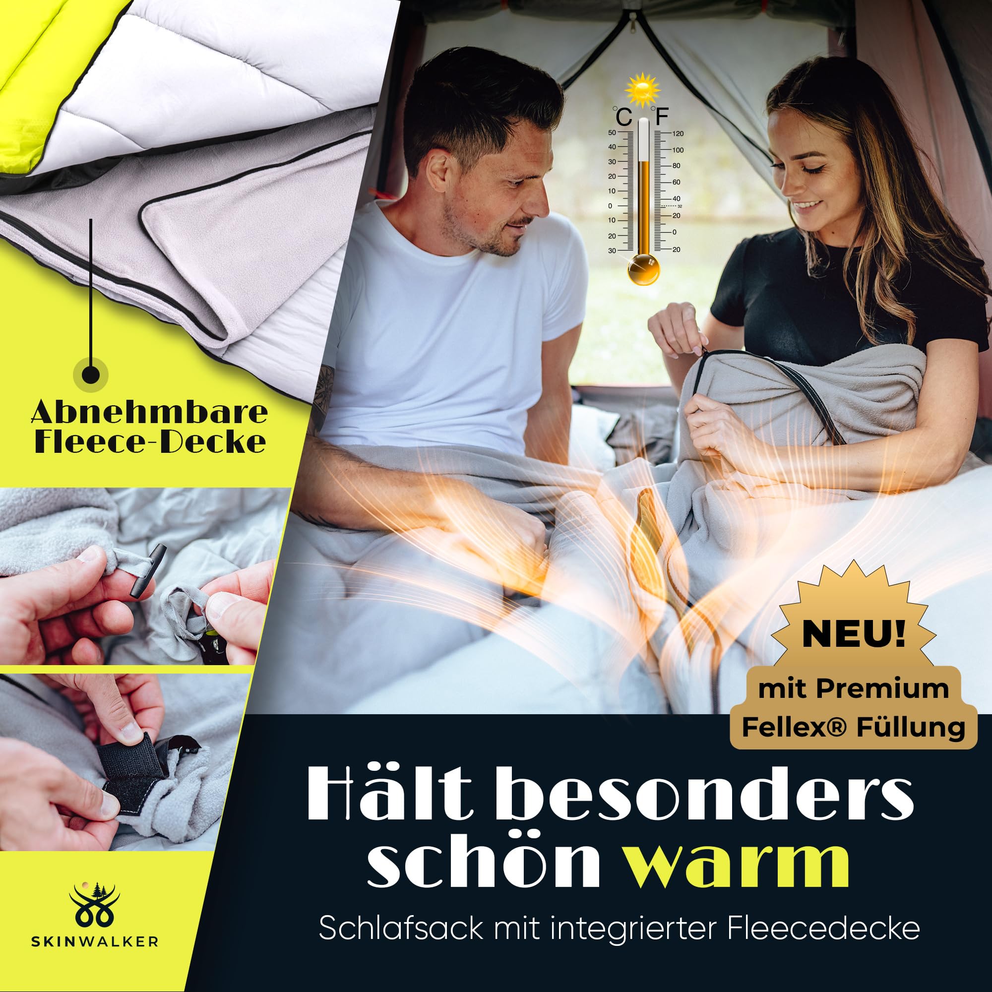 SKINWALKER Schlafsack Winter Outdoor bis −15°C mit Abnehmbarer Fleecedecke | Winterschlafsack für Erwachsene | 3–4 Jahreszeiten Sleeping Bag & Deckenschlafsack Sommer & Winter