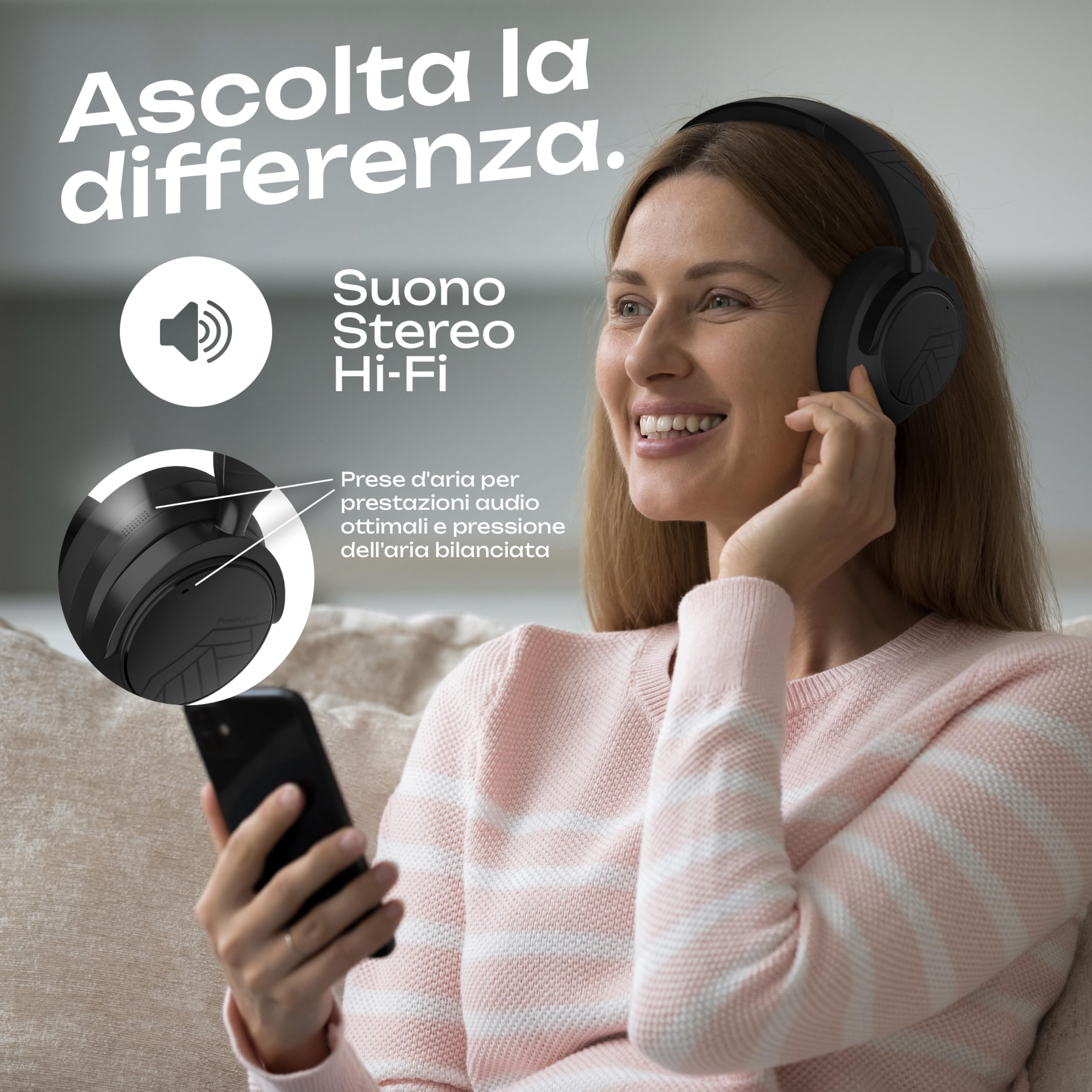 PowerLocus Cuffie Wireless Cancellazione Rumore Attiva Ibrida, Cuffie Bluetooth Over Ear, 70 Ore di Riproduzione, Bass Modi, Hi-Fi Stereo, Pieghevoli e Modalità Trasparenza, con Custodia (Nero)