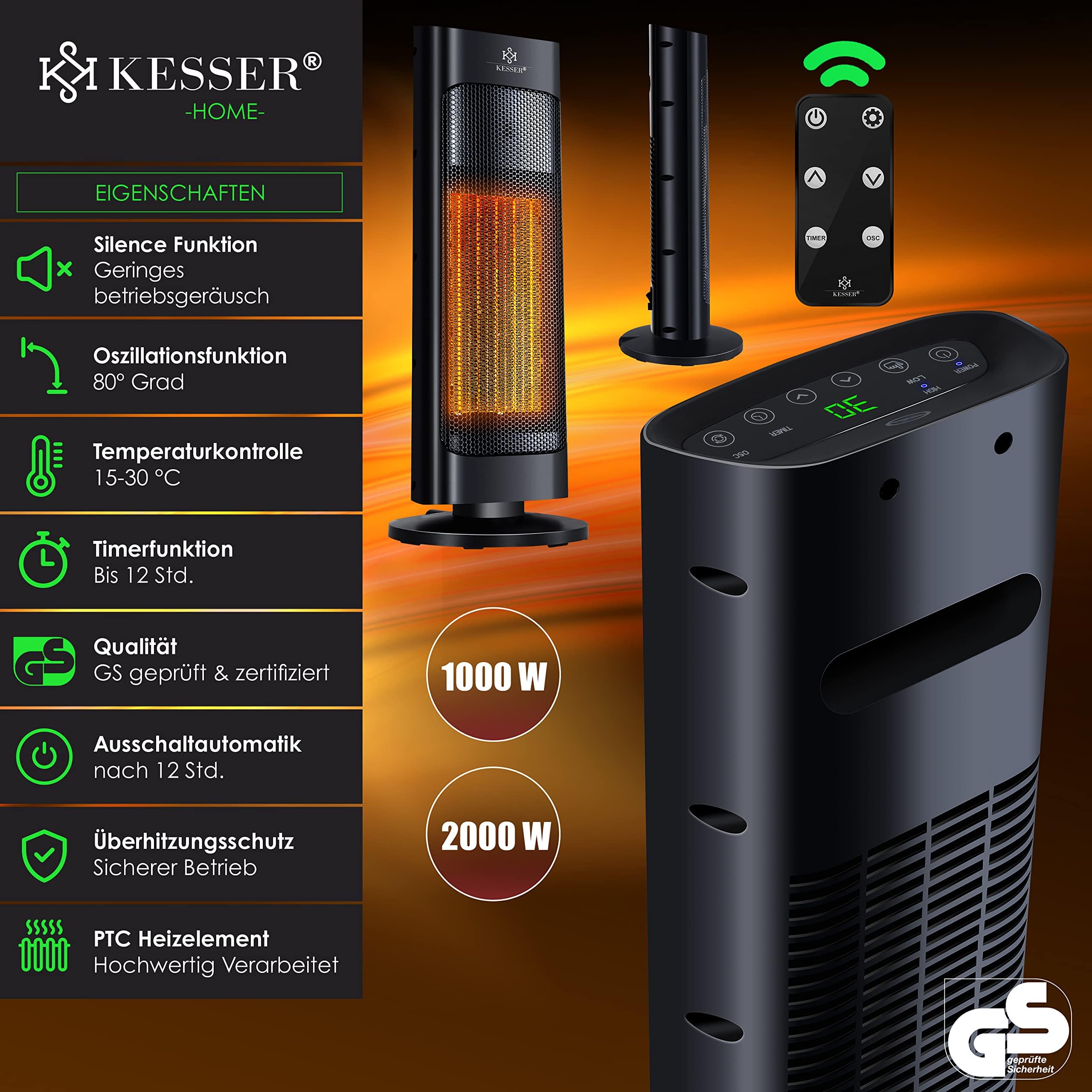 KESSER® Radiateur Soufflant avec Télécommande - Économe en Energie - Silencieux - 2000 W - En Céramique - 15-30 °C - Chauffage Rapide avec Fonction Oscillation de 80 ° - Minuterie 24 h (Noir)