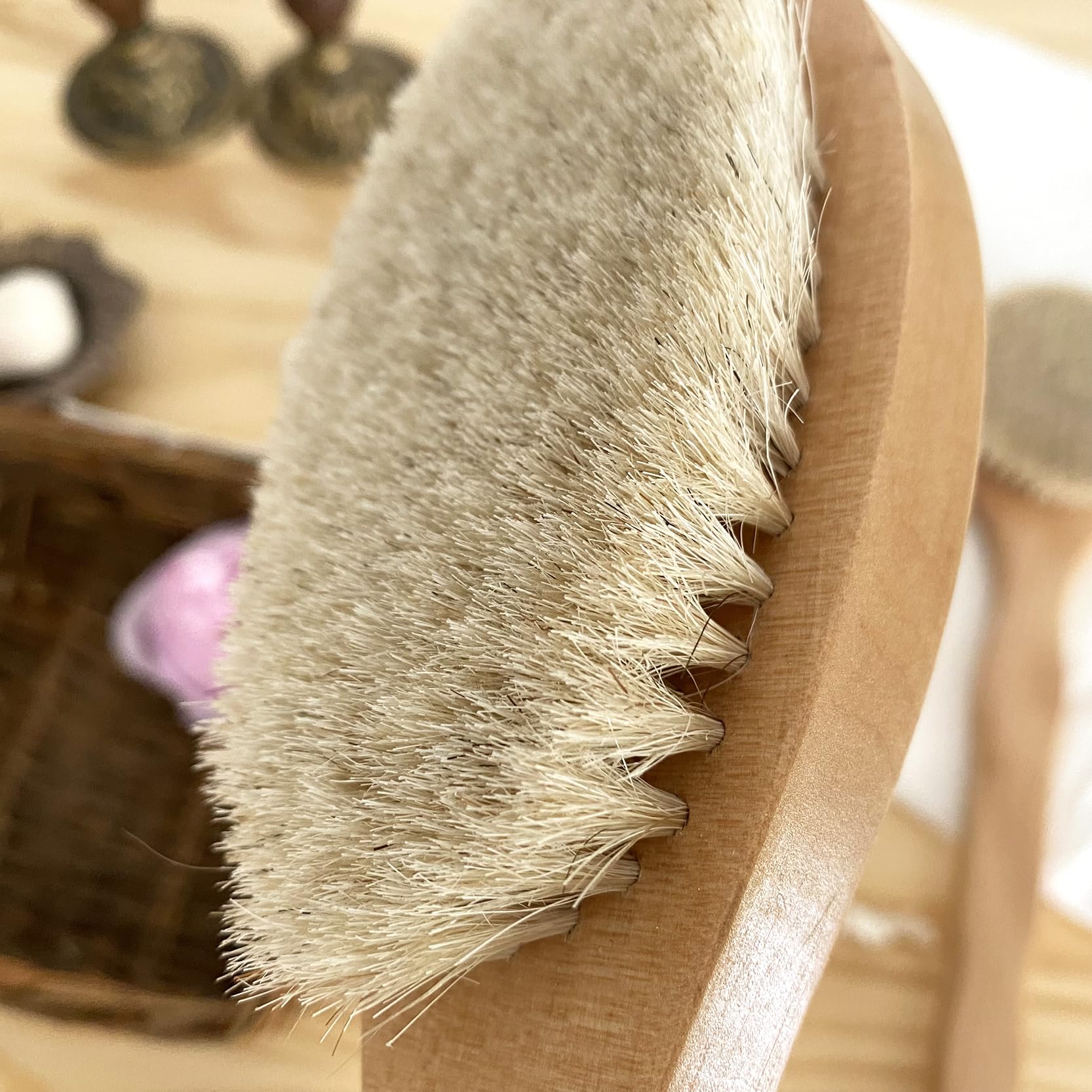 2 spazzole da bagno in crine di cavallo da 41 cm (testa rotonda + testa ovale), grandi, con manico in legno di faggio, pezzo intero di legno massiccio senza giunzioni, spazzola per il corpo