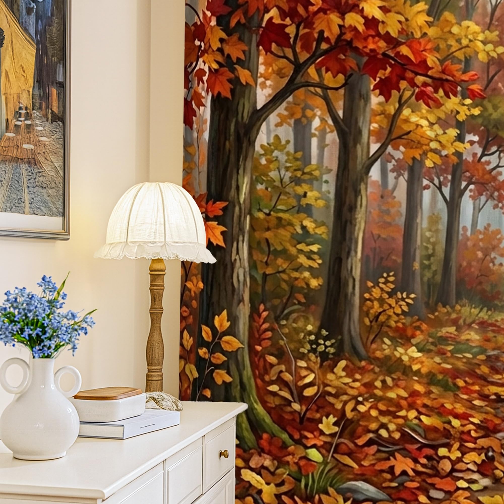 Rideaux occultants motif feuilles d'automne rouge nature | 132 x 213 cm