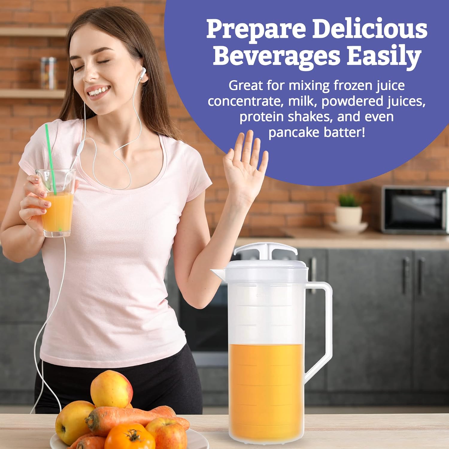 2-Quart Purple Mixing Pitcher with Plunger – BPA-Free Plastic Jug for Juice, Milk, Tea, Shakes, and More – Dishwasher-Safe, Spill-Proof Lid, Smart Stirring Design, 2 Pack