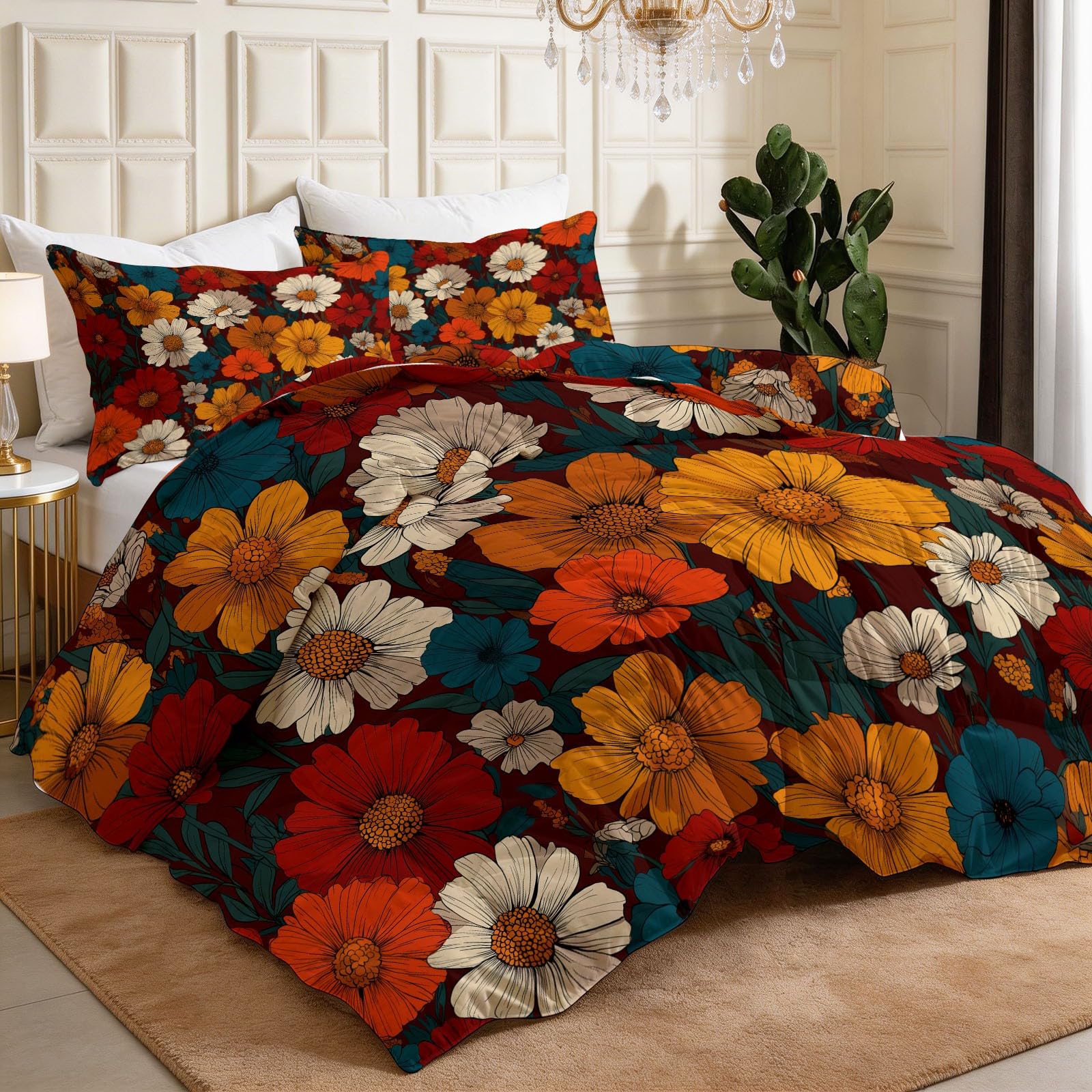 Generisch Trapunta floreale con margherite e petali, senza rivestimento, 135 x 200 cm, acquerello, 4 stagioni, reversibile, delicata sulla pelle, lavabile per tutto l'anno, con 2 federe da 80 x 80 cm