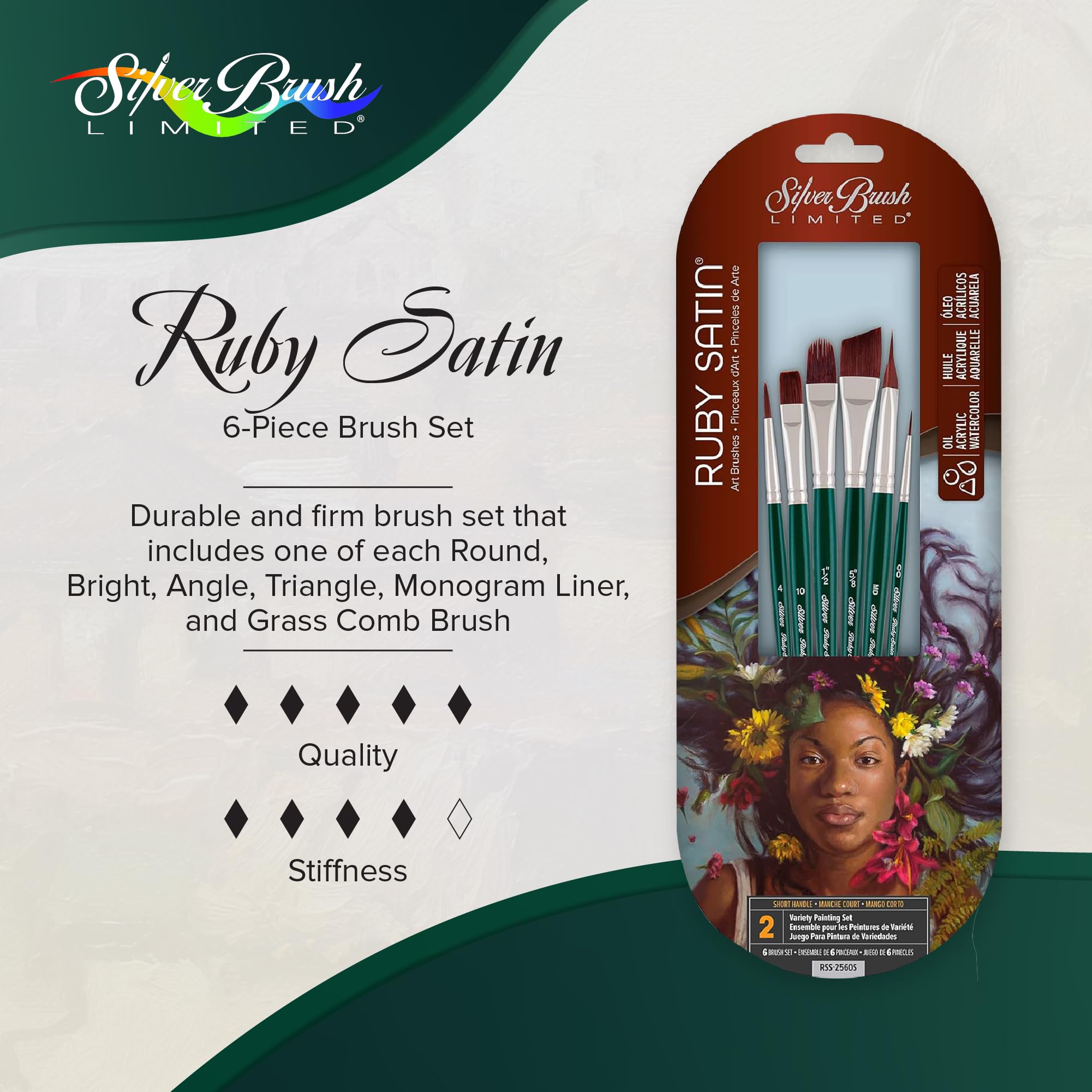 Silver Brush Limited RSS-2560S Ruby Satin - Juego de 6 Pinceles - Redondo #4, Bright #10, Filbert 1/2", de ángulo 5/8", Triangular M, Rigger 2/0