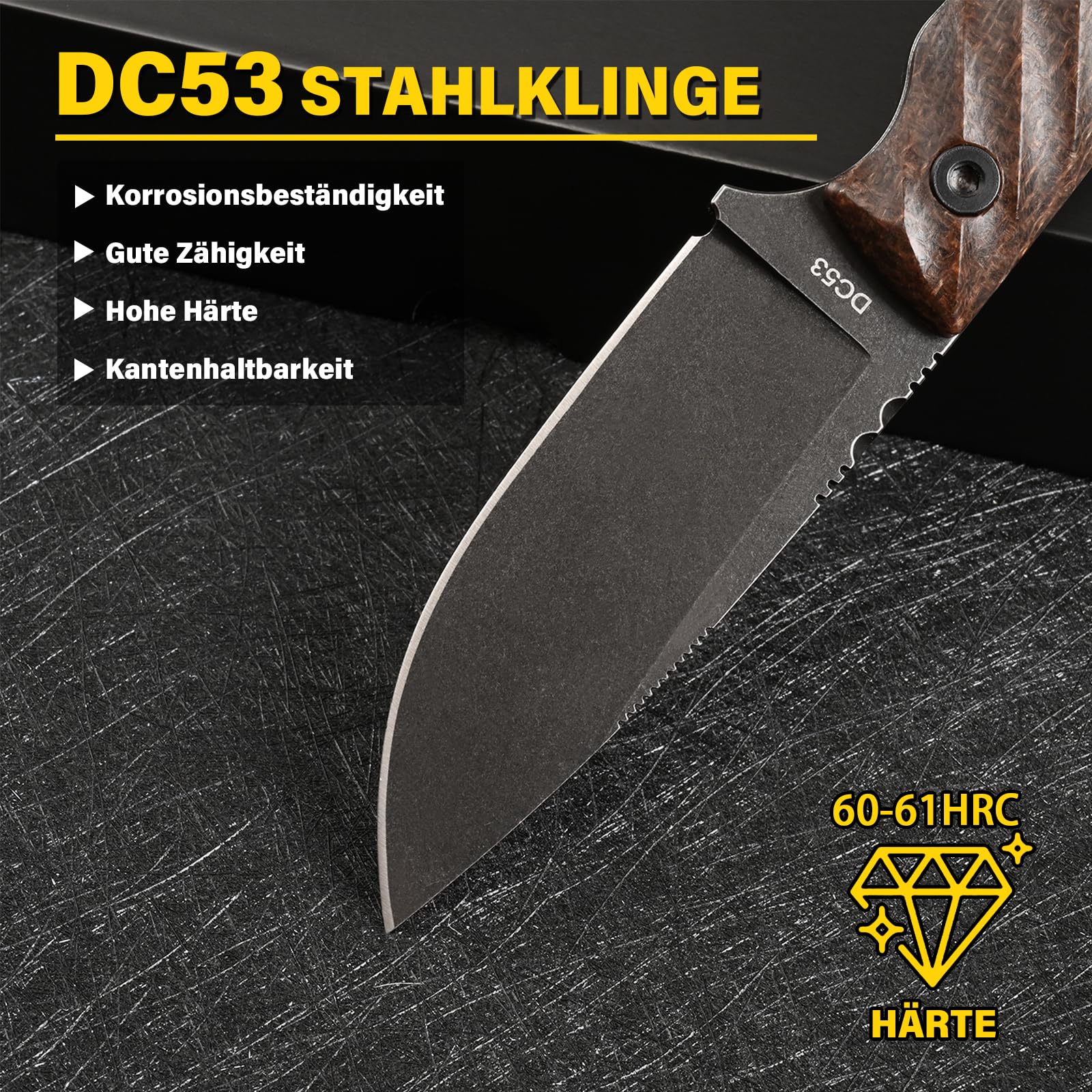DC53 Stahl messer Feststehende Klinge Micarta Griff mit Kydex Scheide für Männer Outdoor Camping EDC Survival Jagdmesser (Schwarz + rutschfester Micarta Griff)