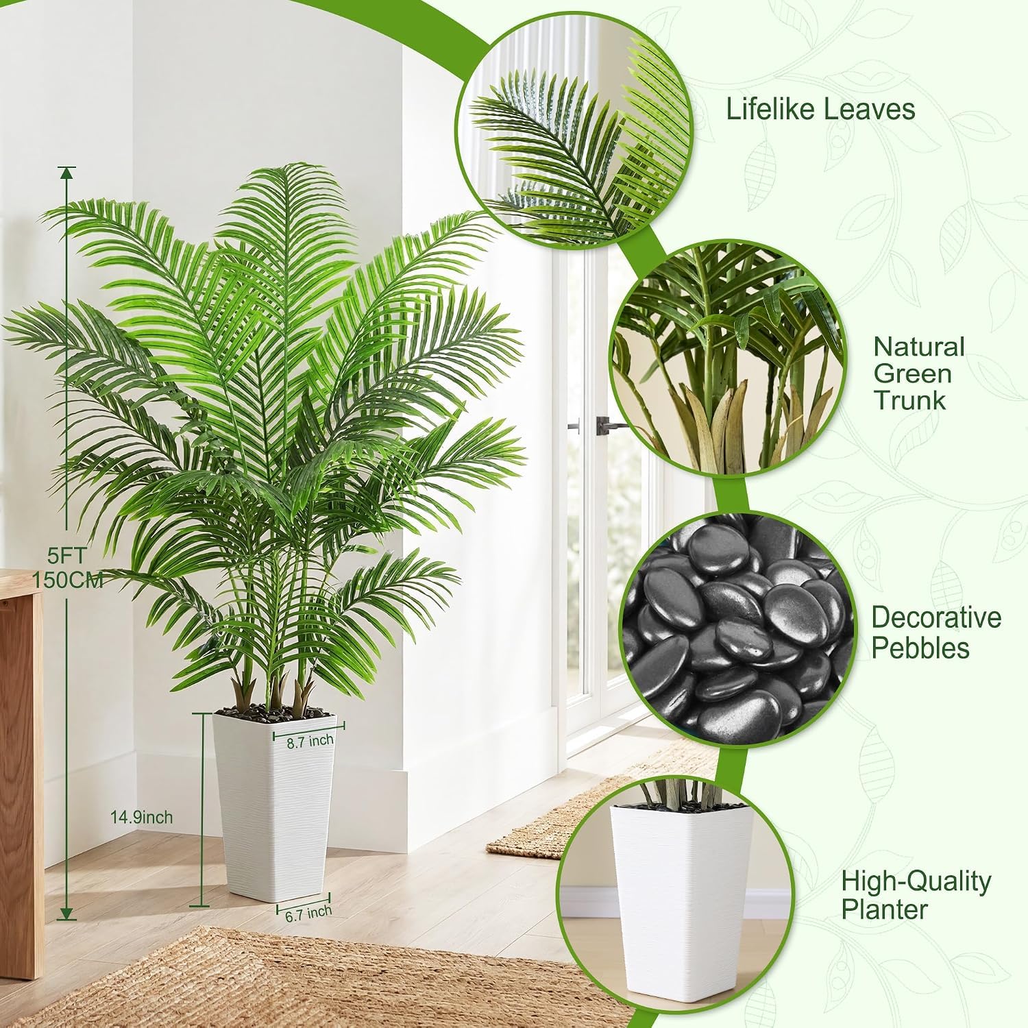 Palmier Artificiel Arnusa en Pot Blanc 150cm, Plante Artificielle Areca Interieur, Arbre Artificiel Décorative Vert pour Salon Balcon Chambre Bureau (1, Pot Blanc, 150cm)