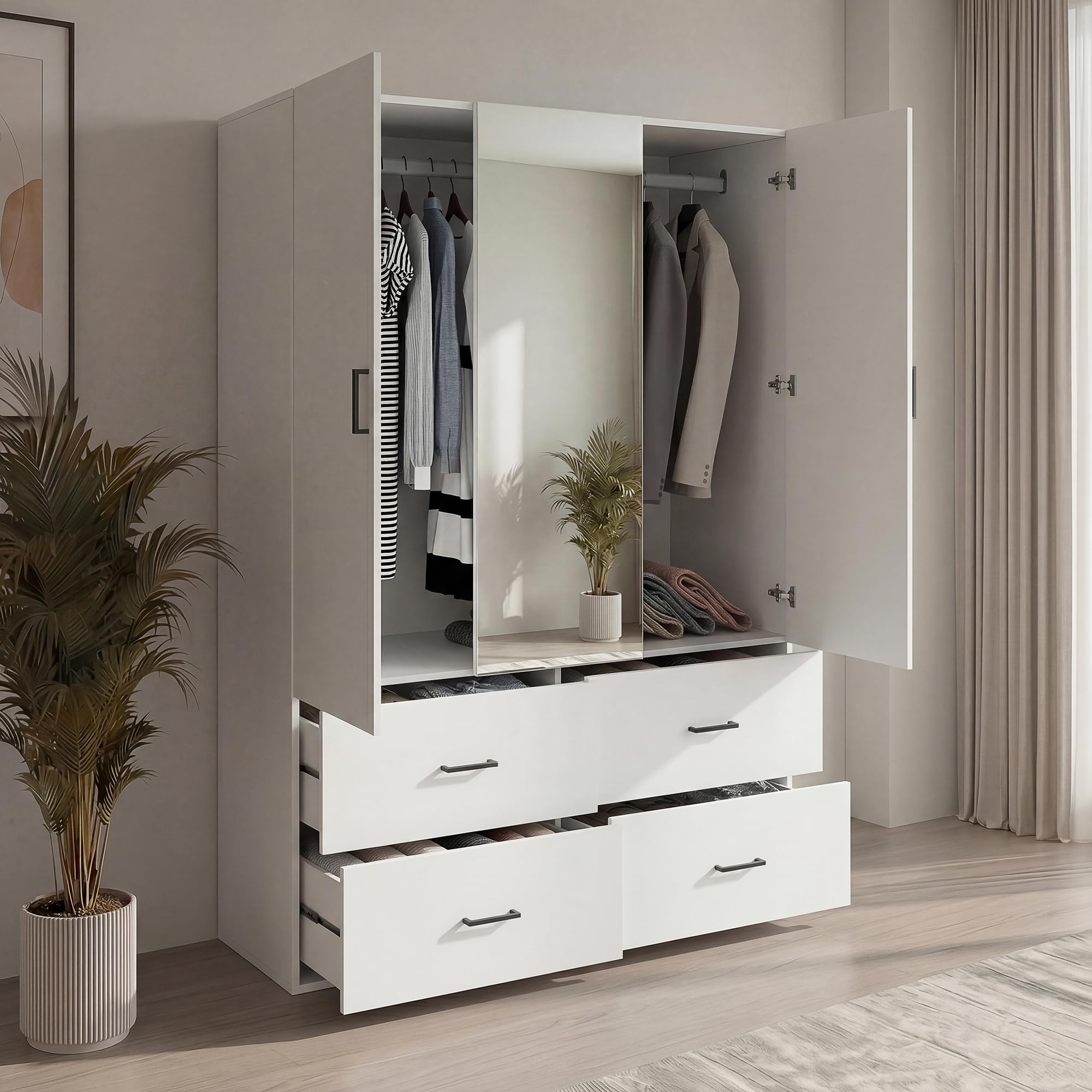 Armadio con Specchio, Armadio per Camera da Letto con 2 Ante e 4 Cassetti, Armadio moderno, Armadio in legno laminato, 130x51.8x181.5 cm, Bianco (Specchio al centro, 130x51.8x181.5 cm)