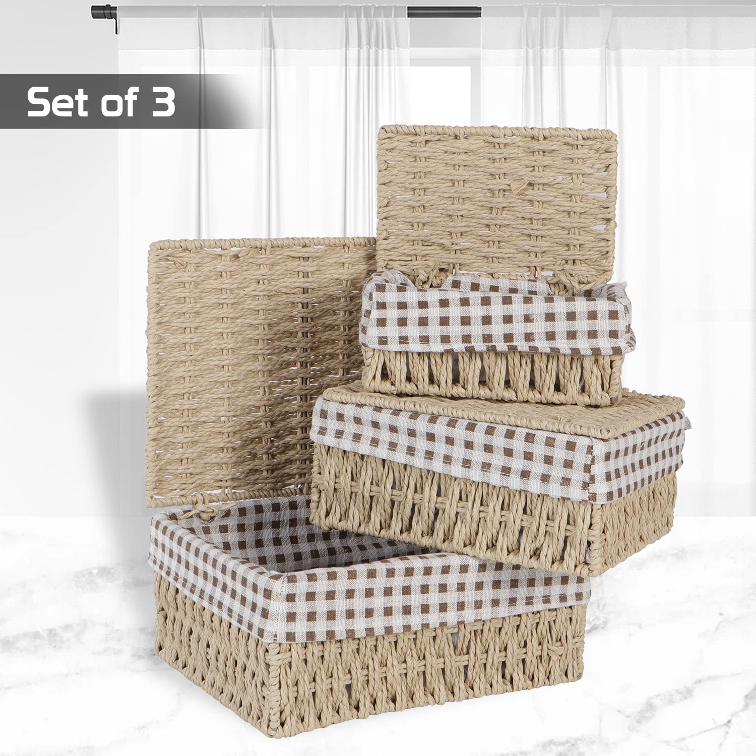 HOKIPO Canastas de mimbre de cuerda de papel ecológicas con tapa, paquete de 3, beige (AR-3905-BGE)