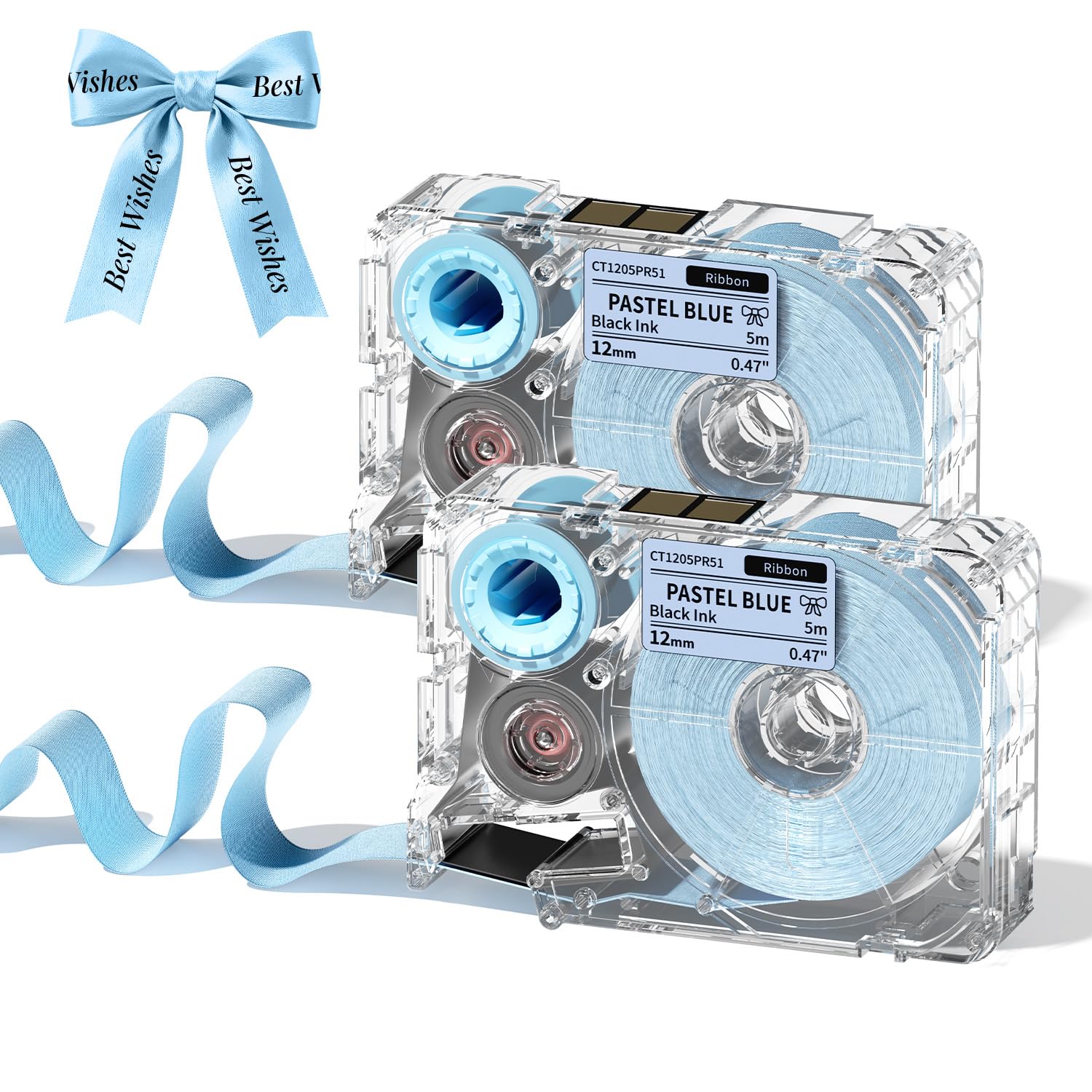 Phomemo A30 P15 Exclusive Light Blue Satin Ribbon Labels (Black Font) Ideal for Gift Wrapping, Wedding Bouquets, DIY Crafts, and Valentine's Day Decorations Width: 12mm × 5m, 2 Packs