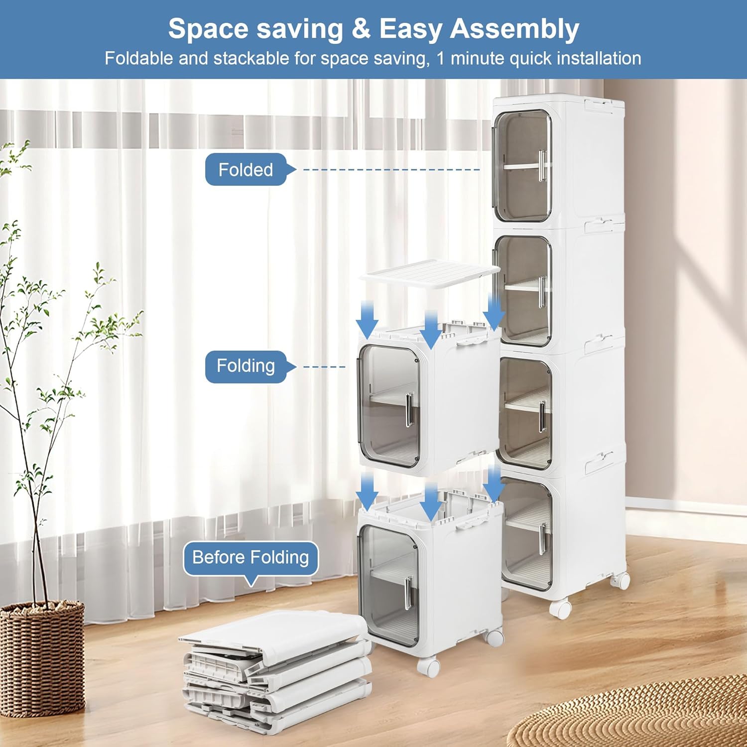Hobetta 4-Tier 96QT Slim Bathroom Storage Cabinet, Tall Narrow Storage Cabinet with Doors and Adjustable Shelves, Wheels, Stackable & Collapsible Plastic Organizer for Small Spaces, Bathroom, White