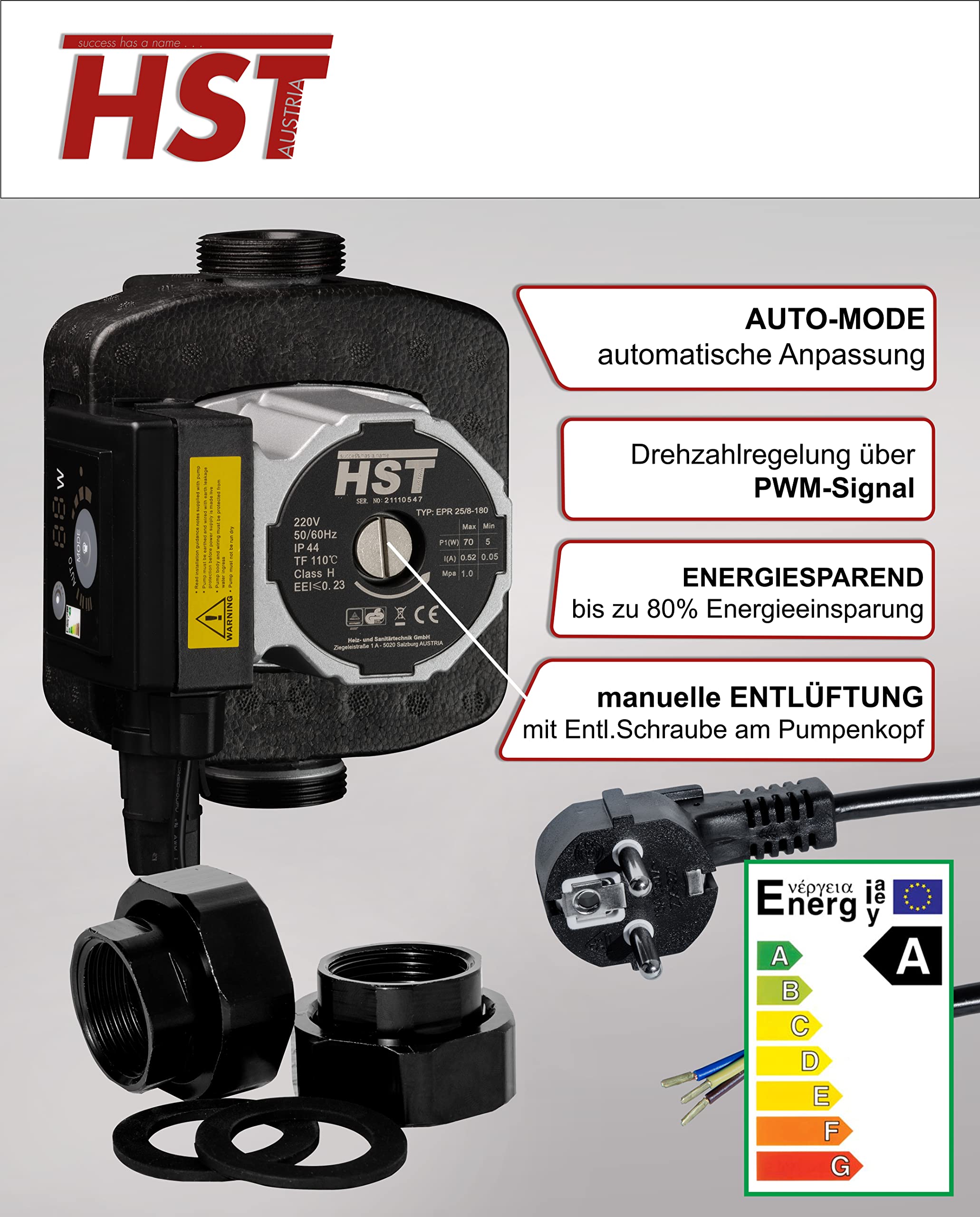 Bomba de calefacción HST EPR de 25 – 8/180 mm, altura de extracción de 8 metros, regulación de velocidad mediante señal PWM
