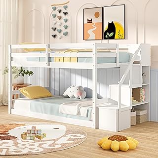 Giantex Twin Over Twin Bunk Bed with Stairs, Solid Wood Floor Bunk Bed w...