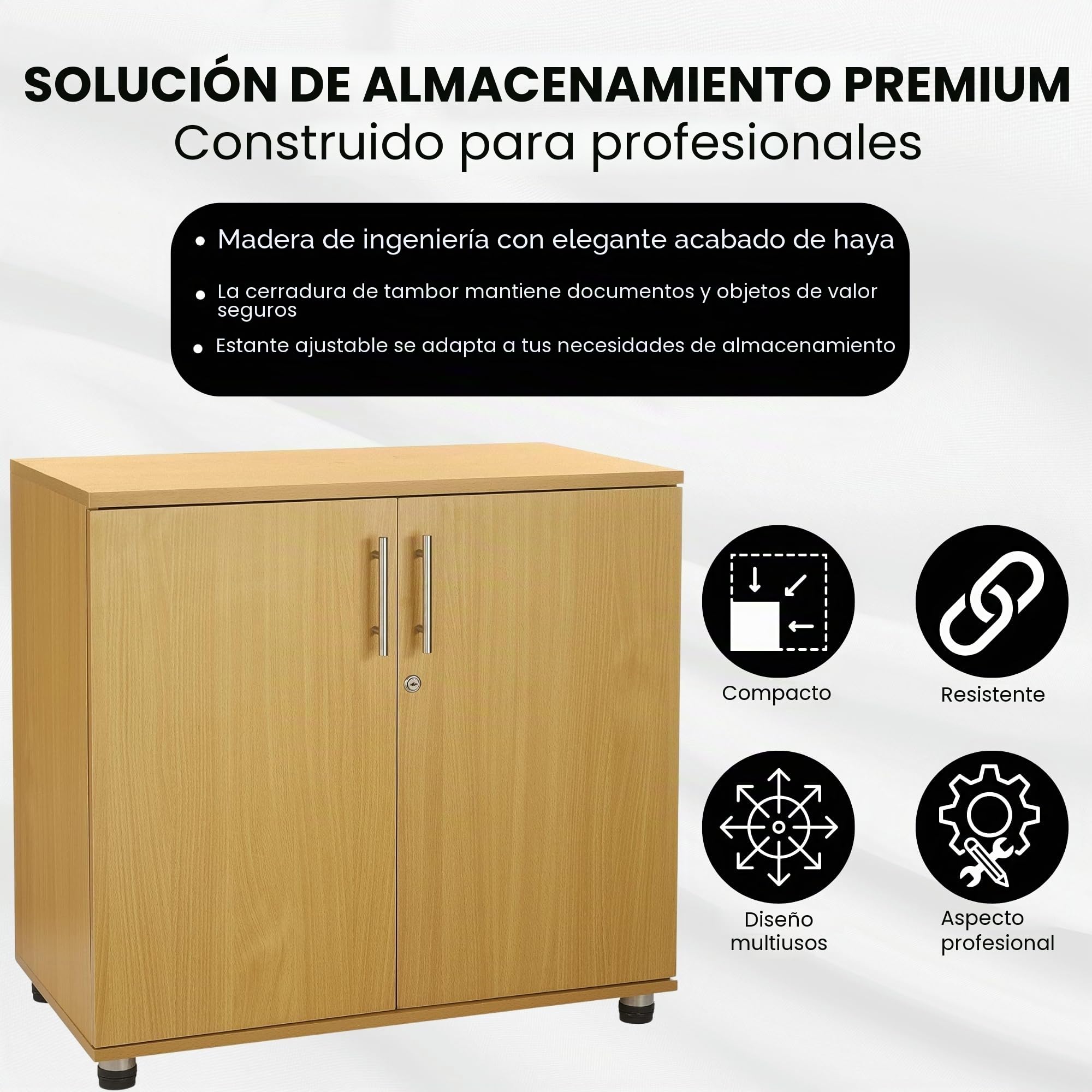 Armario de almacenamiento de oficina de haya, altura de escritorio, estantería de 2 puertas con cerradura, altura de extensión de escritorio de 75 cm