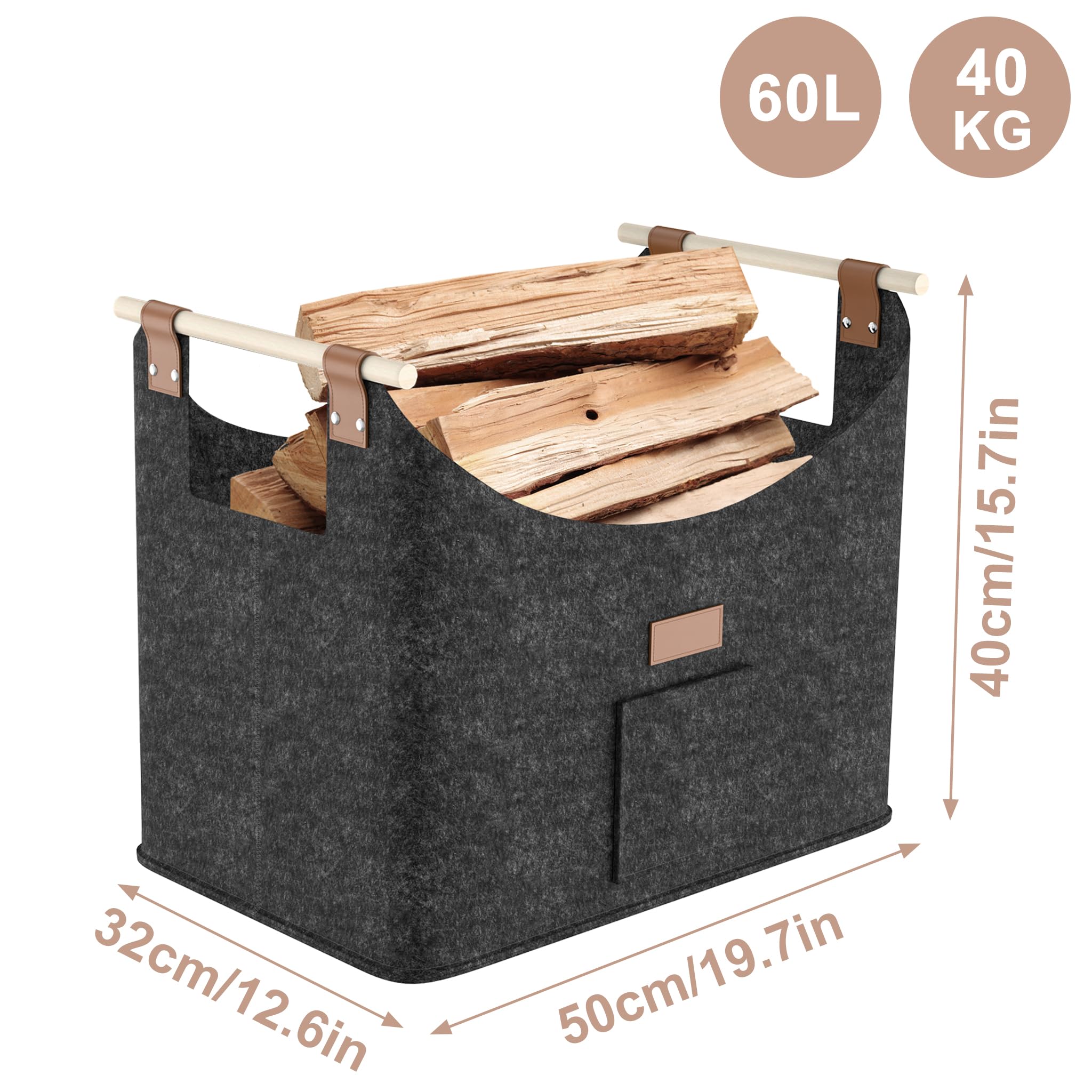 YRHome Lot de 2 paniers à bois de chauffage extra épais - Grand panier à bois de chauffage - Panier en feutre pour bois de chauffage - Cheminée avec poignées en bois - Jusqu'à 40 kg - 50 x 32 x 40 cm