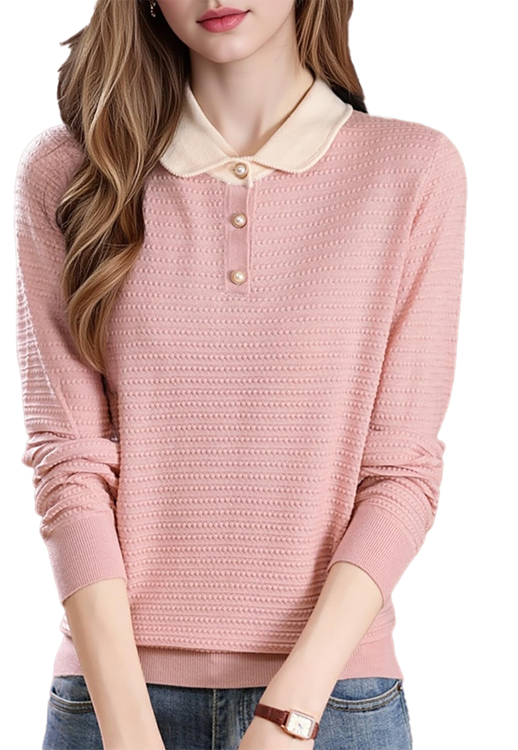 Womens Polo Long Sleeve Sweaters Layered Knitwear Pullover Tops