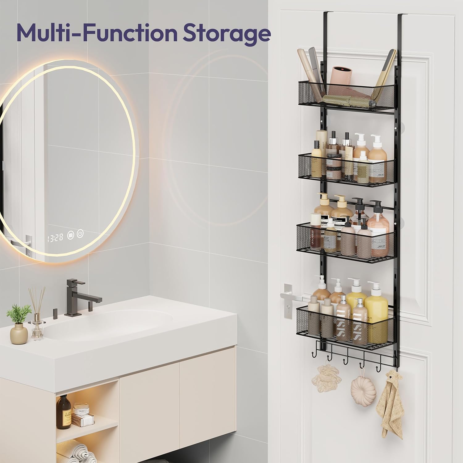 SWTYMIKI Over The Door Purse Organizer - Wall Mounted Purse Rack with 4 Adjustable Metal Basket and 6 Hooks, Hanging Bag Rack for Handbag Organizer, Bag Storage Can Use As 1/2 Part, for Door, Closet - Image 7