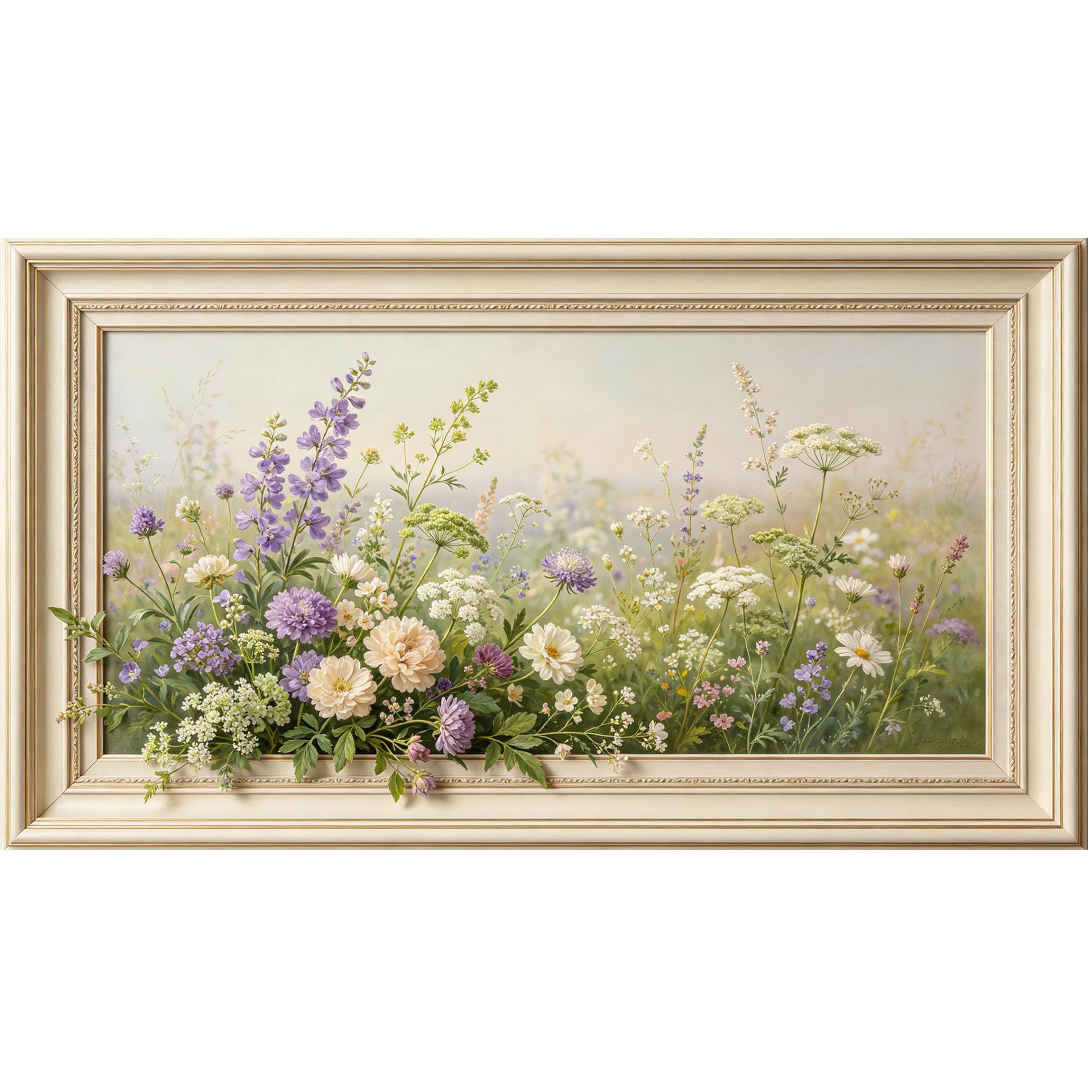 QZLITHOTIC 50x90cm3D Framed Wall Art， Botanical Wildflower Meadow Self‑Adhesive Mural， Water‑Activated Peel & Stick Fabric Decor Wall Decal for Bedroom Living Room