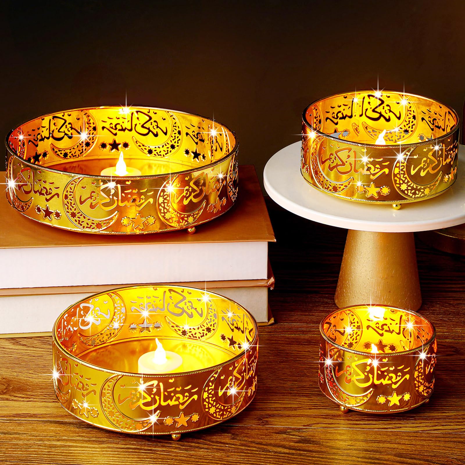 FillTouch 8 Pcs Ramadan Serving Trays Eid Mubarak Moon Trays with LED Tea Lights Gold Food Storage Container Tea Lights Candles Eid Mubarak Plates Battery Operated for Ramadan(Stars and Moon)