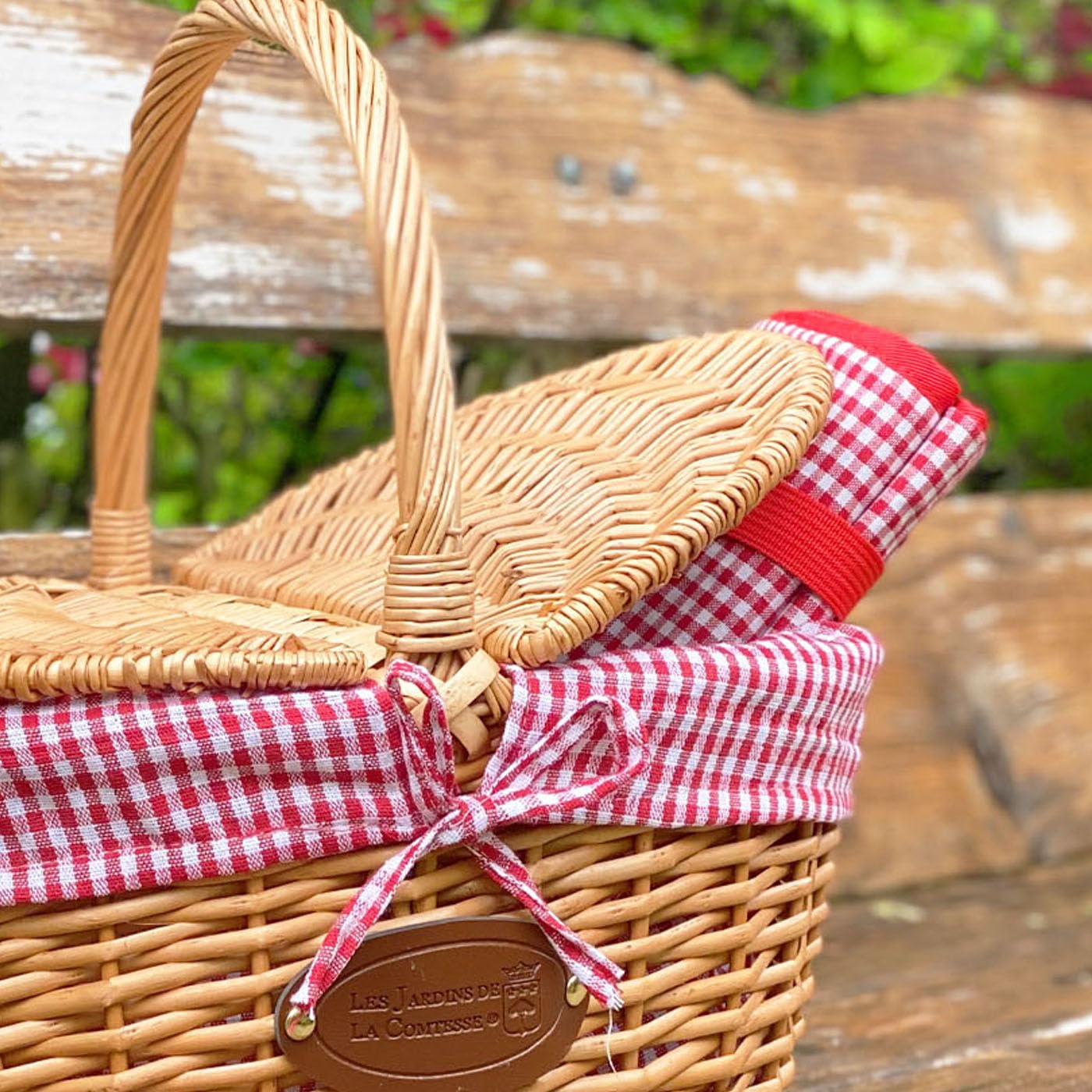 Les Jardins de la Comtesse - Cestino di Vimini - Per picnic o per un'uscita al Mercato - Tessuto Vichy Rosso - 40 x 31 x 20 cm
