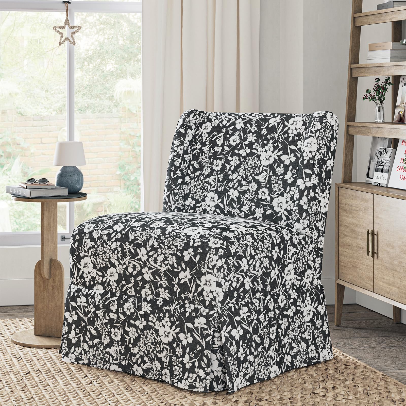 HULALA Home Armless Accent Chair with Washable Floral Slipcover, Transitional Slipper Chair with Removable Chair Covers for Living Room Dining Room,Black