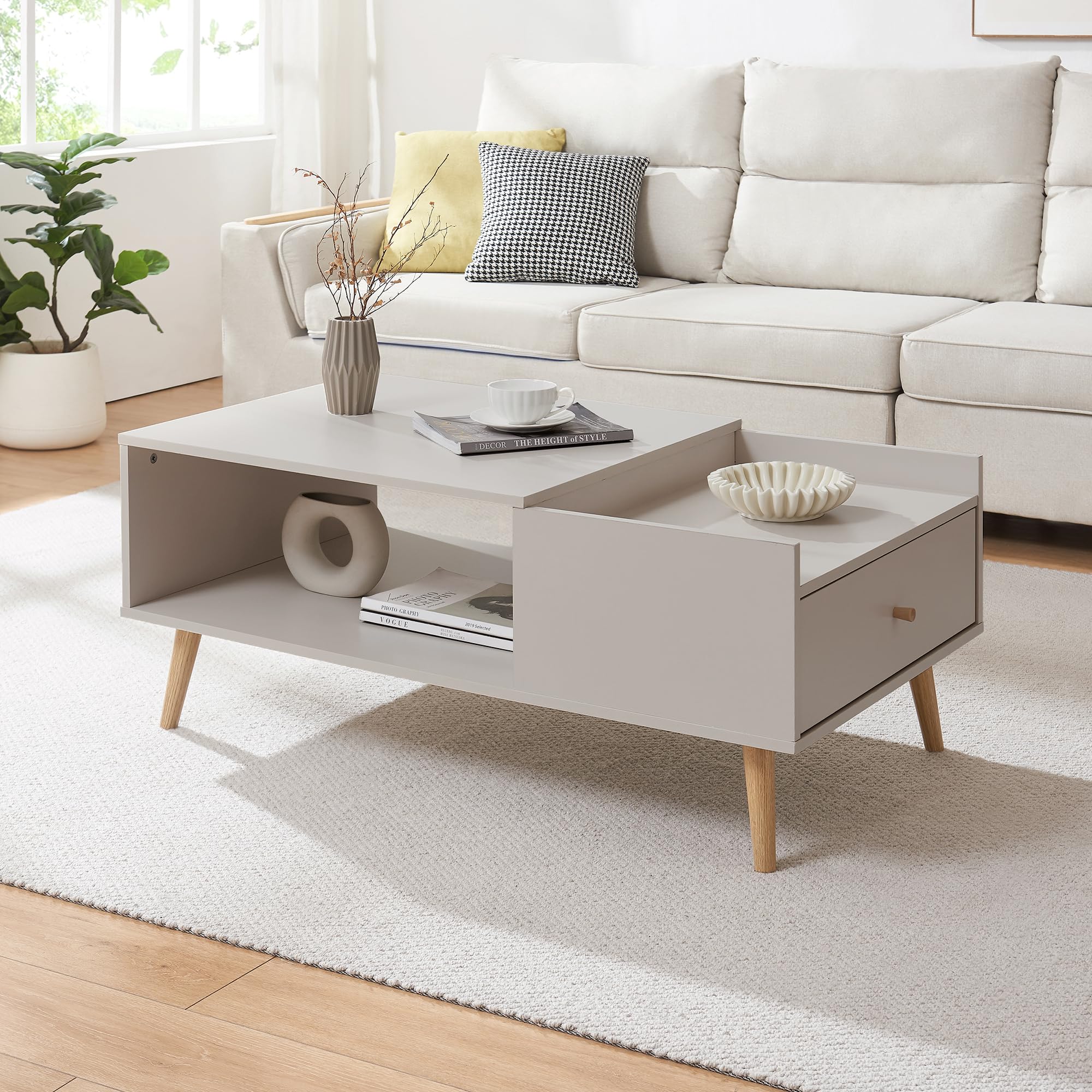 [en.casa] Mesa de Centro Hallevil con Tablero Rectangular Mesita de Café con Compartimento Abierto y Cajón Mesa Auxiliar de Sofá Salón Despacho 106 x 59 x 44 cm - Blanco