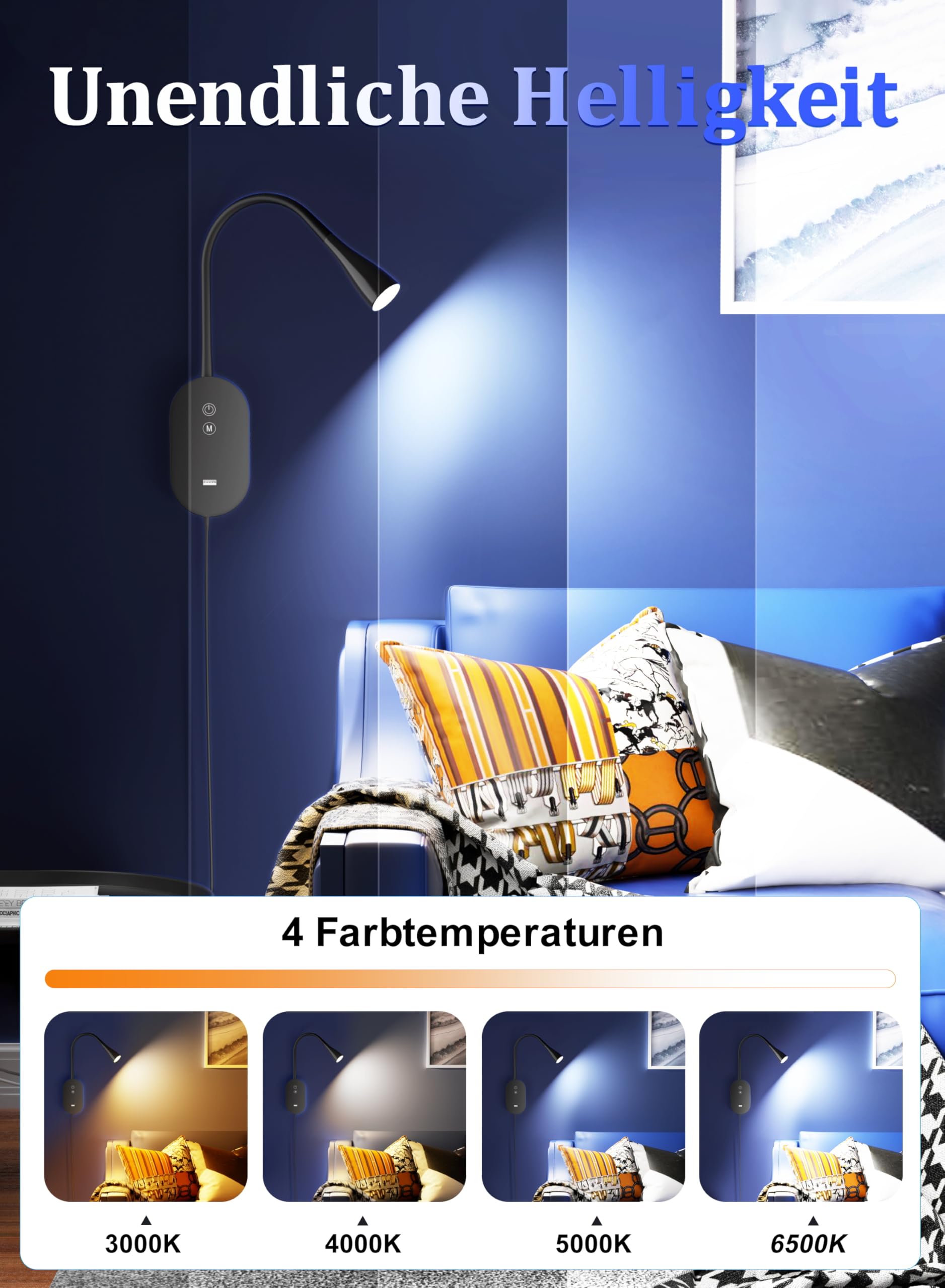 Wandleuchte Leselampe Bett – 4 Farbmodi, 5-stufig dimmbare Leselampe, CRI 95+ natürliches Sonnenlicht, 2A USB-Schnellladeausgang & Speicherfunktion – Schwarz