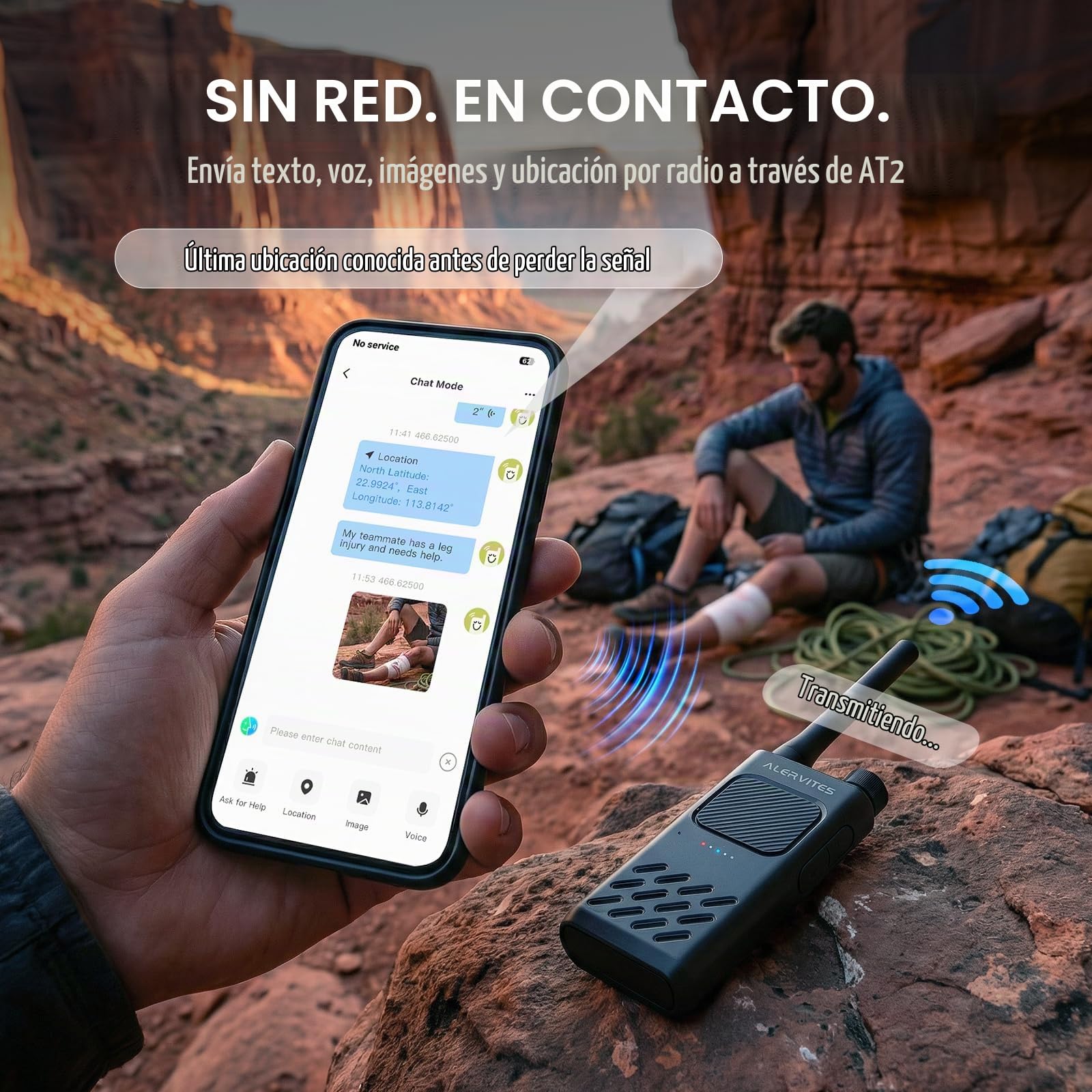 AT2 UHF Walkie Talkie con Enviar Texto e Imagen para Uso Fuera de la Red, App inalámbrica programación y Control, Doble PTT, 30CH, 2200mAh Batería, USB-C, Ideal para Senderismo, 2 Unidades